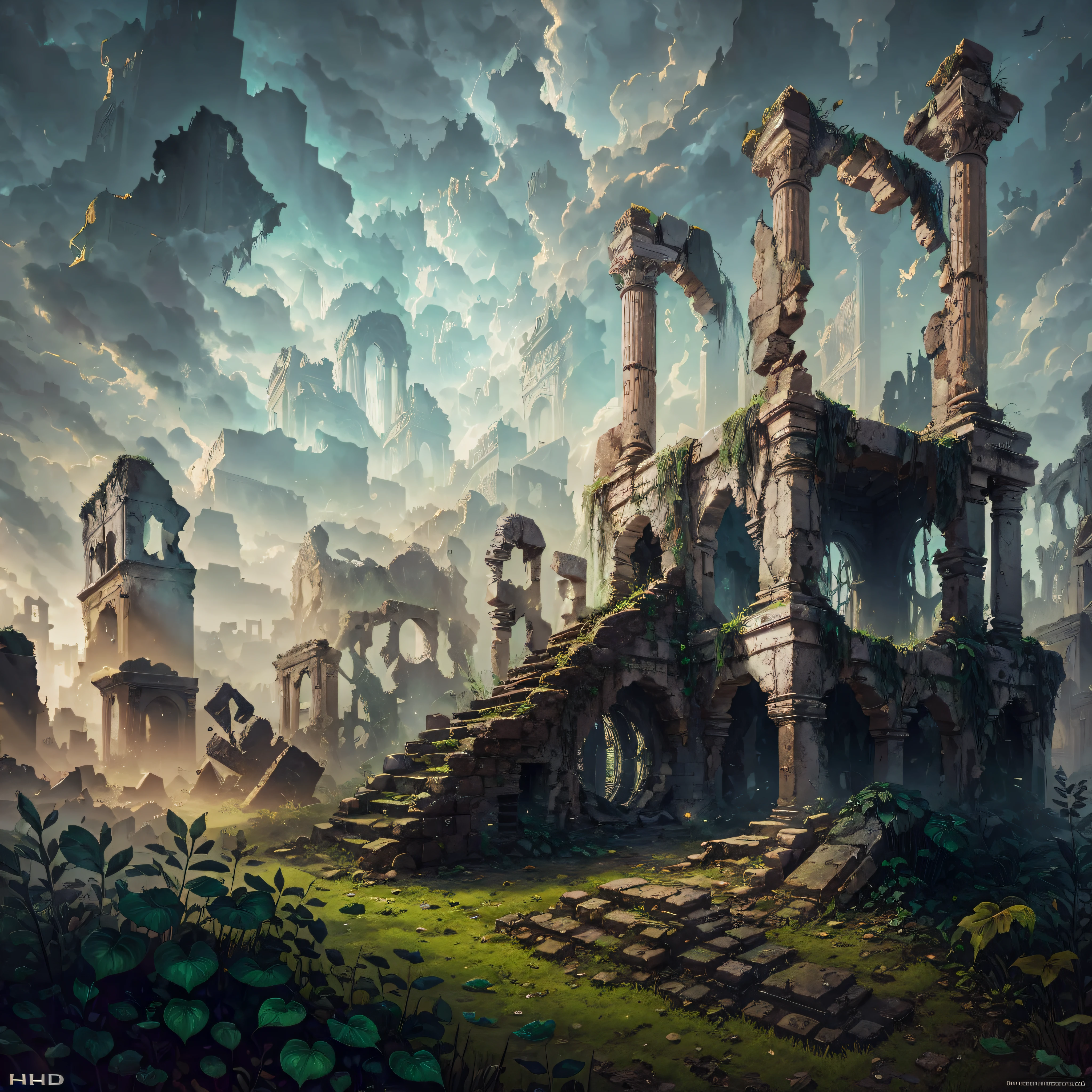 "Whispering Ruins": Crumbling ruins of a forgotten civilization, covered in ivy and secrets, where whispers from the past echo through time, Surrealism, color field printing, high detail, UHD, 8k, anatomically correct, cinematic lighting 4d quality --auto --s2