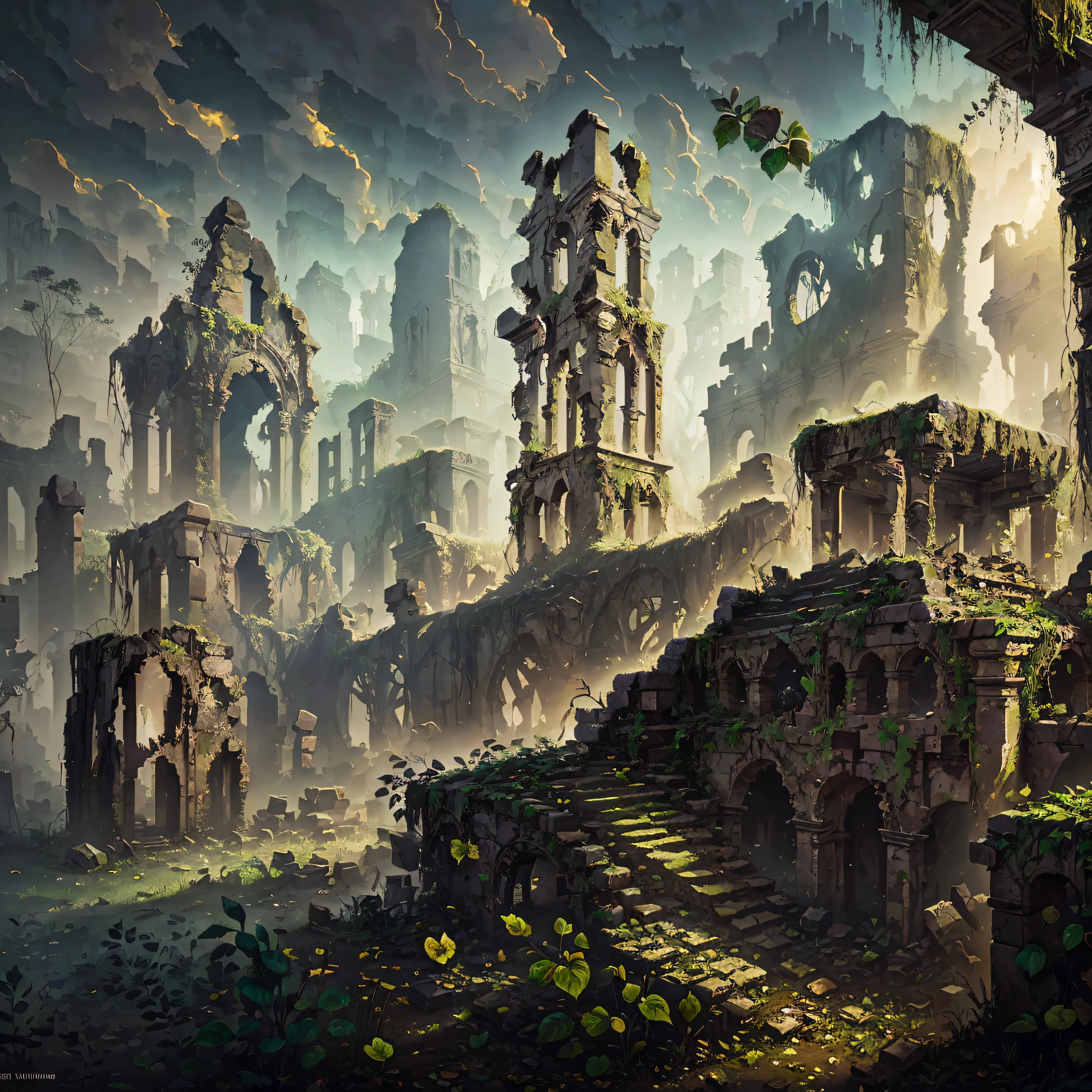 "Whispering Ruins": Crumbling ruins of a forgotten civilization, covered in ivy and secrets, where whispers from the past echo through time, Surrealism, color field printing, high detail, UHD, 8k, anatomically correct, cinematic lighting 4d quality --auto --s2