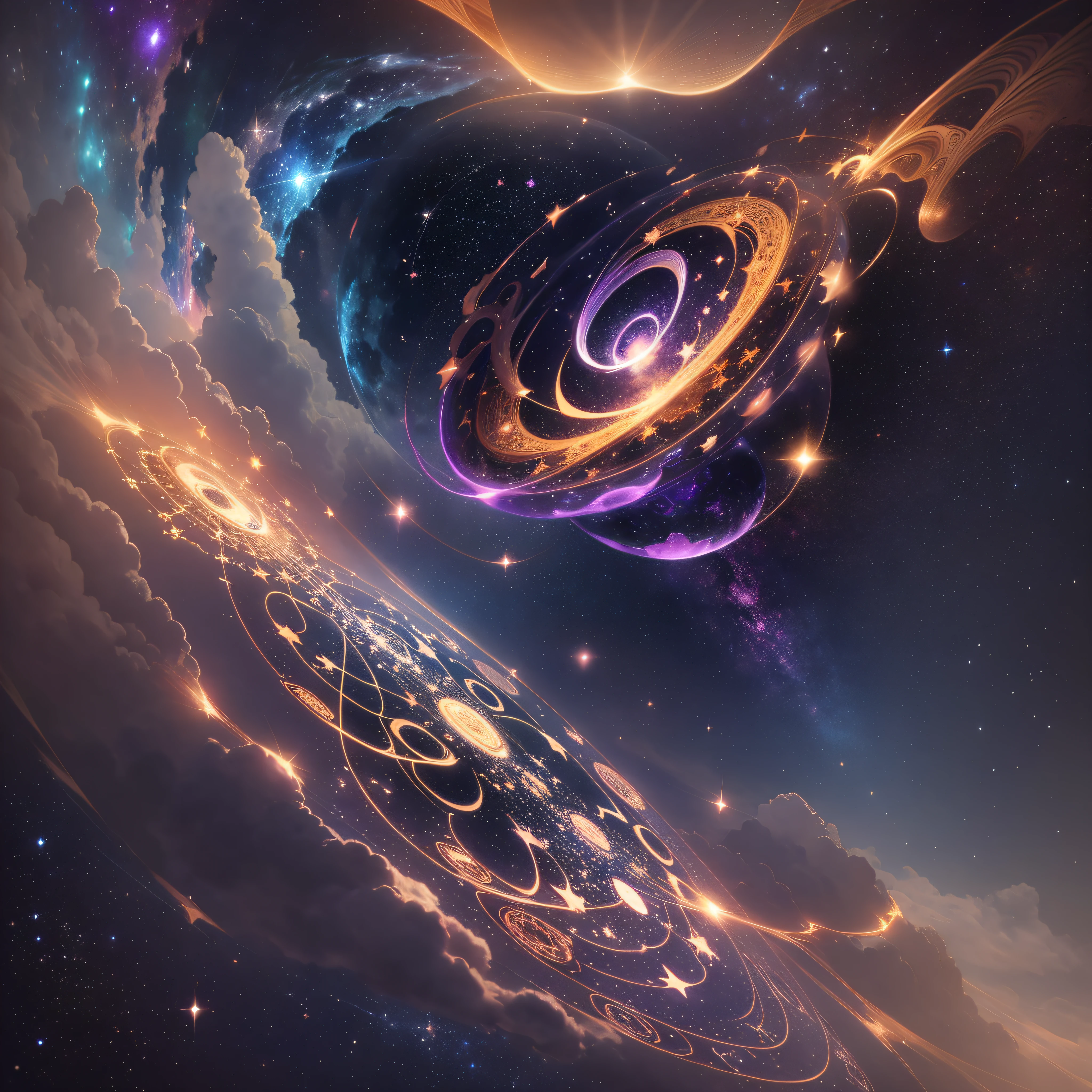 "Celestial Symphony": A cosmic orchestra composed of stars, each emitting a unique musical note, creating a celestial symphony that resonates throughout the universe, Surrealism, color field printing, high detail, UHD, 8k, anatomically correct, cinematic lighting 4d quality --auto --s2