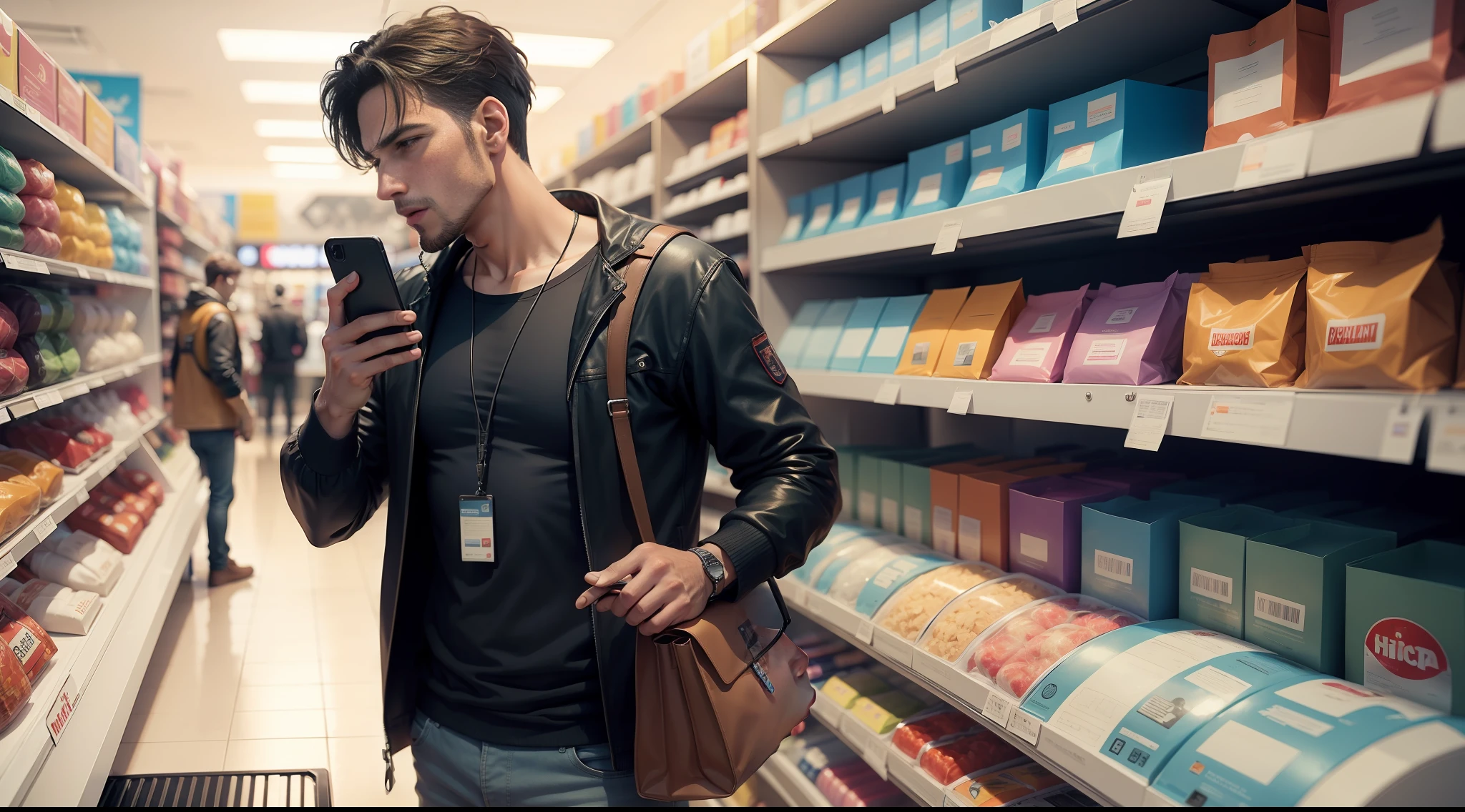 Man talking on cell phone in a store