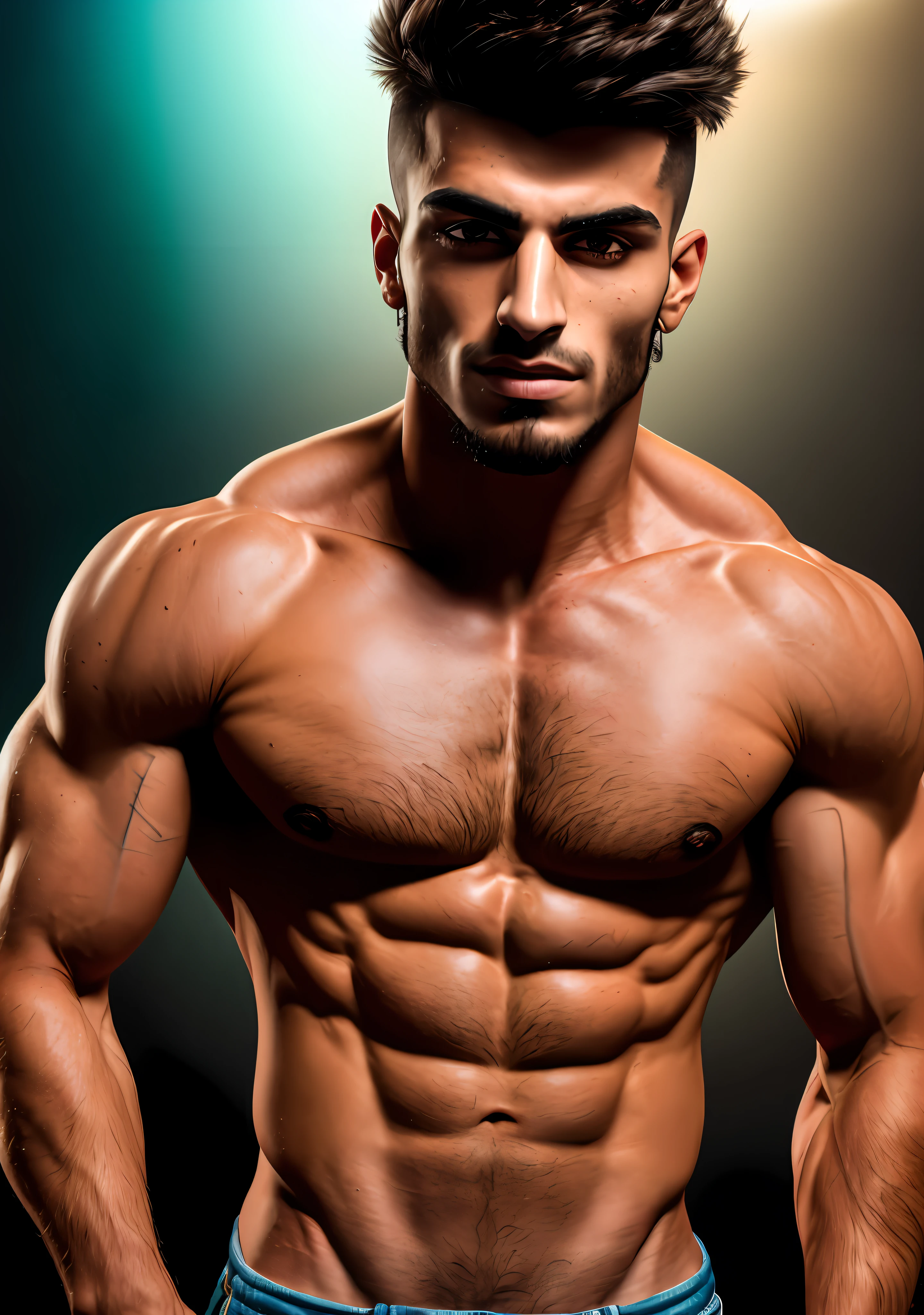 (intense lighting, vibrant colors, high contrast), muscular and ripped, Middle Eastern man, 19 years old, rugged features, chiseled jawline, piercing eyes, intense expression, edgy and raw, smoky and shadowy atmosphere.