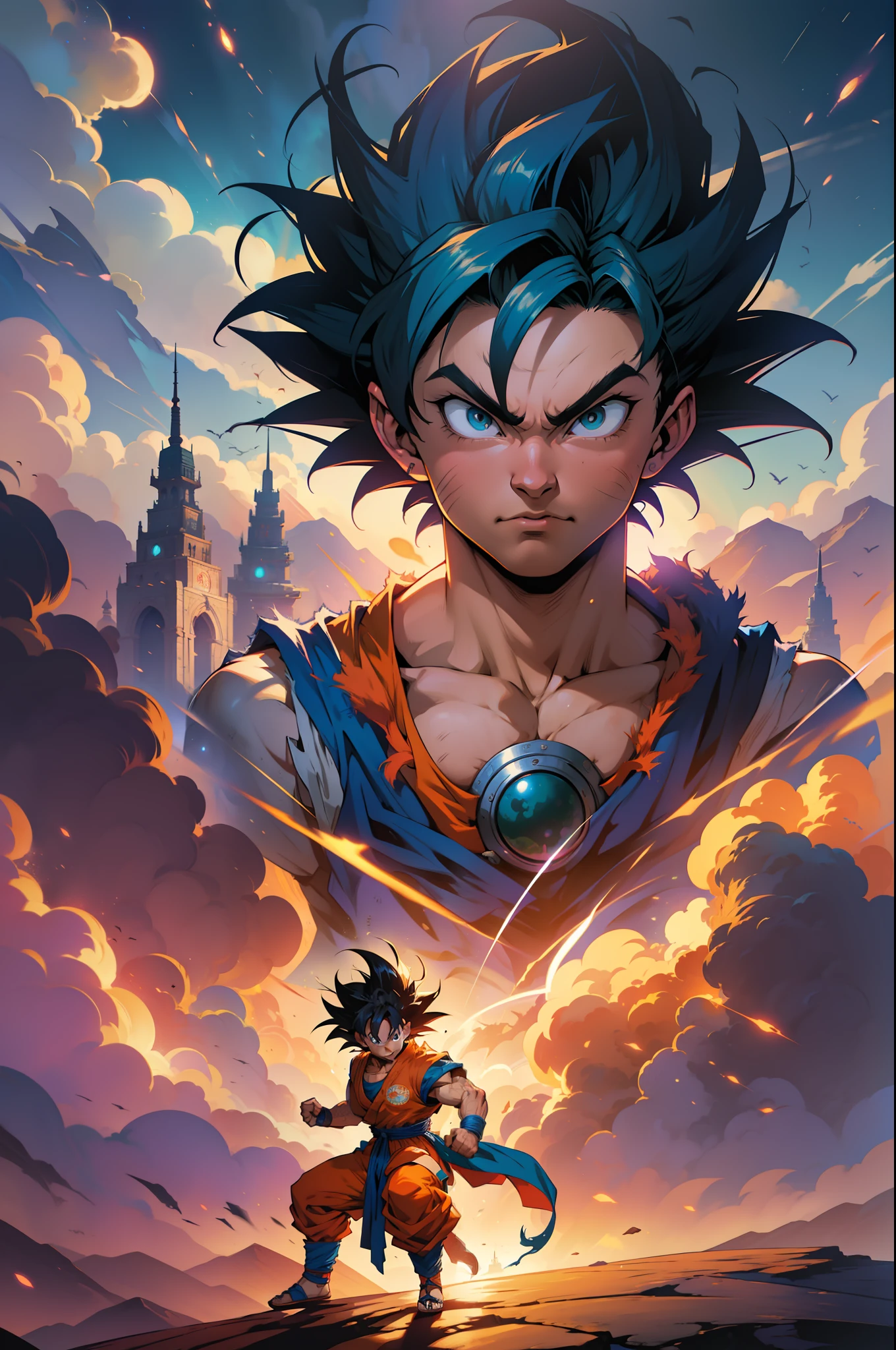 anime, dragon ball, goku, artwork, artwork, concept art inspired by Dan Mumford, Artstation contest winner, fantasy art, dan mumford tom bagshaw, fractal thunder dan mumford, epic fantasy sci fi illustration, peter mohrbacher e dan mumford