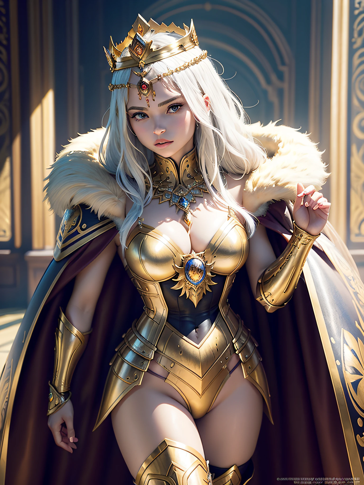 (Masterpiece, Top Quality, Top Quality, Official Art, Beautiful and Aesthetic: 1.2), (1 Girl), (Warrior Queen Golden Armor, Fur-Lined Cape, Bejeweled Crown: 1.2), Serious, White Hair, Colossal, Ultimate Jewel, 100pcs, Gorgeous, Raw Photo, Sexy Swimsuit