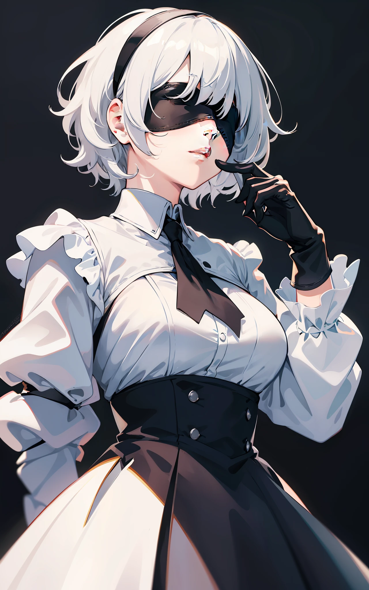 masterpiece, best quality, solo, (eyes covered:1.05), (portrait:1.1), (upper body:1.1), medium breasts, expressionless, 1girl, solo, (ruffled hair, messy hair:1.1), short hair, white hair, beautiful background, best quality, ultra detailed, 1girl, solo, standing, blunt bangs, blindfolded, white shirt, long sleeve, black long skirt, tie, ((perfect hand: 1.2)), beautiful skin, beautiful lighting, (Yorha No. 2 Type B:1.14), Black gloves, abstract background