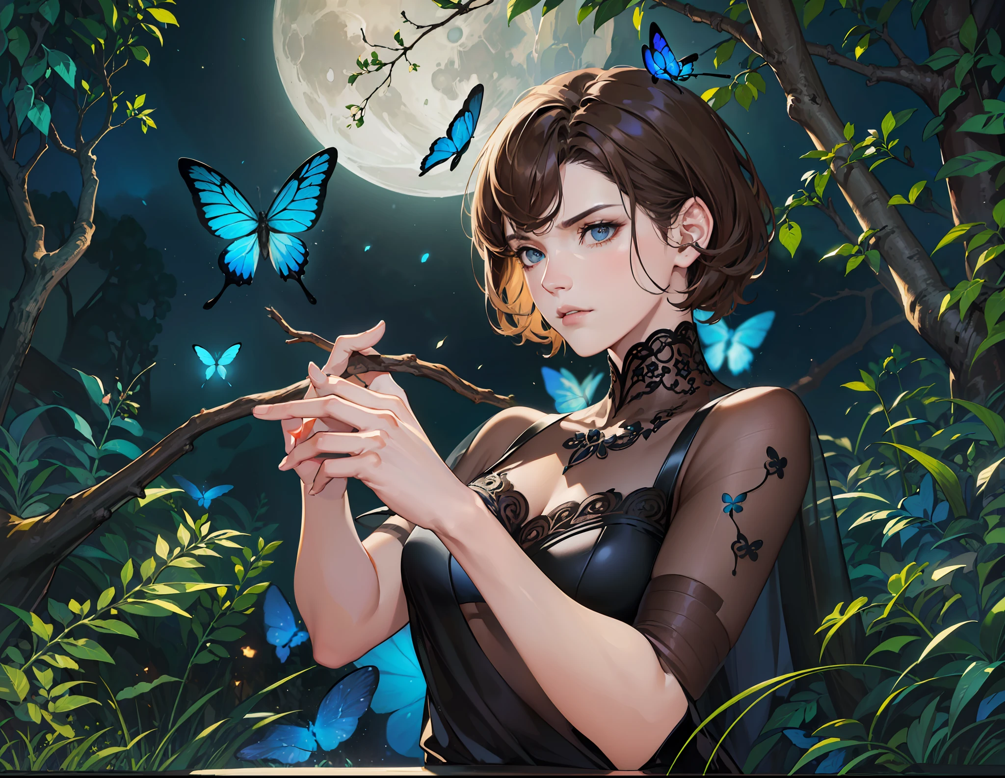 ((Superior quality, portraits, masterpieces, 8K wallpapers: 1.3)), girl with short wavy brown hair (((SHORT HAIR))), obsidian-like black eyes, (((ANNOYING, SERIOUS LOOK))) sitting on a branch of a mueto tree, bioluminescent blue butterflies, dark hour, perfect shadows and reflections of the moon on the scene. Black dress covered, dark Maga clothes.