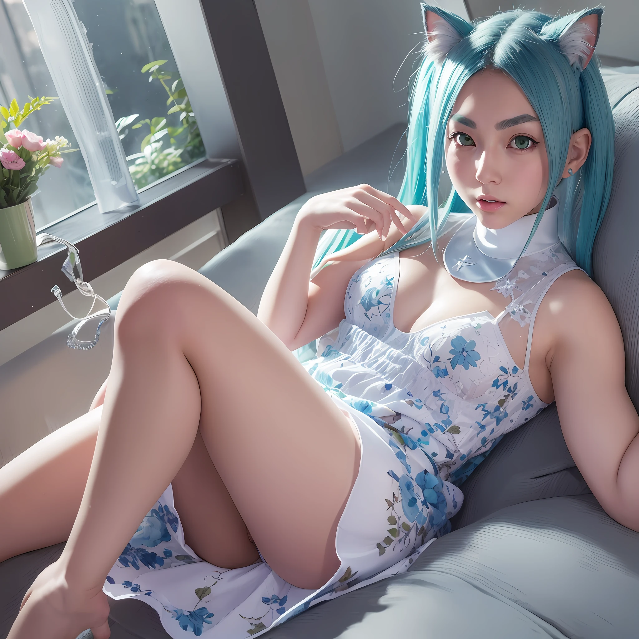 (Masterpiece), (High Quality Anime Illustration), (Super Definition), A Realistic Girl, Solo, Beautiful Girl with Silver Hair, Loli, Cat Ear Loli, Transparent Light Blue Dress, Smile, Emphasis on Neckline, Thighs, Full Body