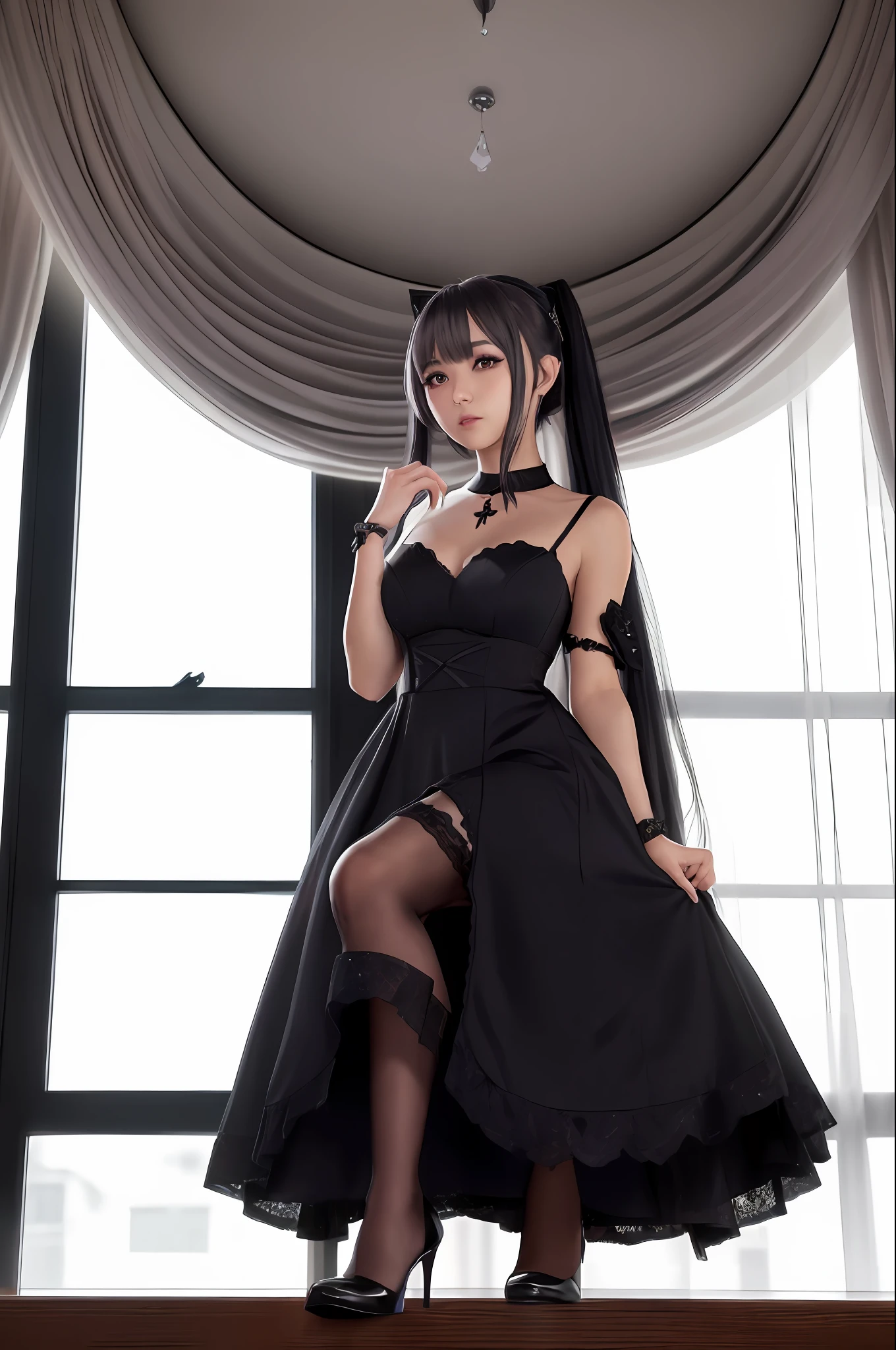 a woman in a black dress and stockings posing in front of a window, seductive anime girl, cute anime waifu in a nice dress, **** in dress, beautiful alluring anime woman, fine details. girls frontline, anime girl wearing a black dress, anime moe artstyle, noire, marin kitagawa fanart, [ 4 k digital art ]!!