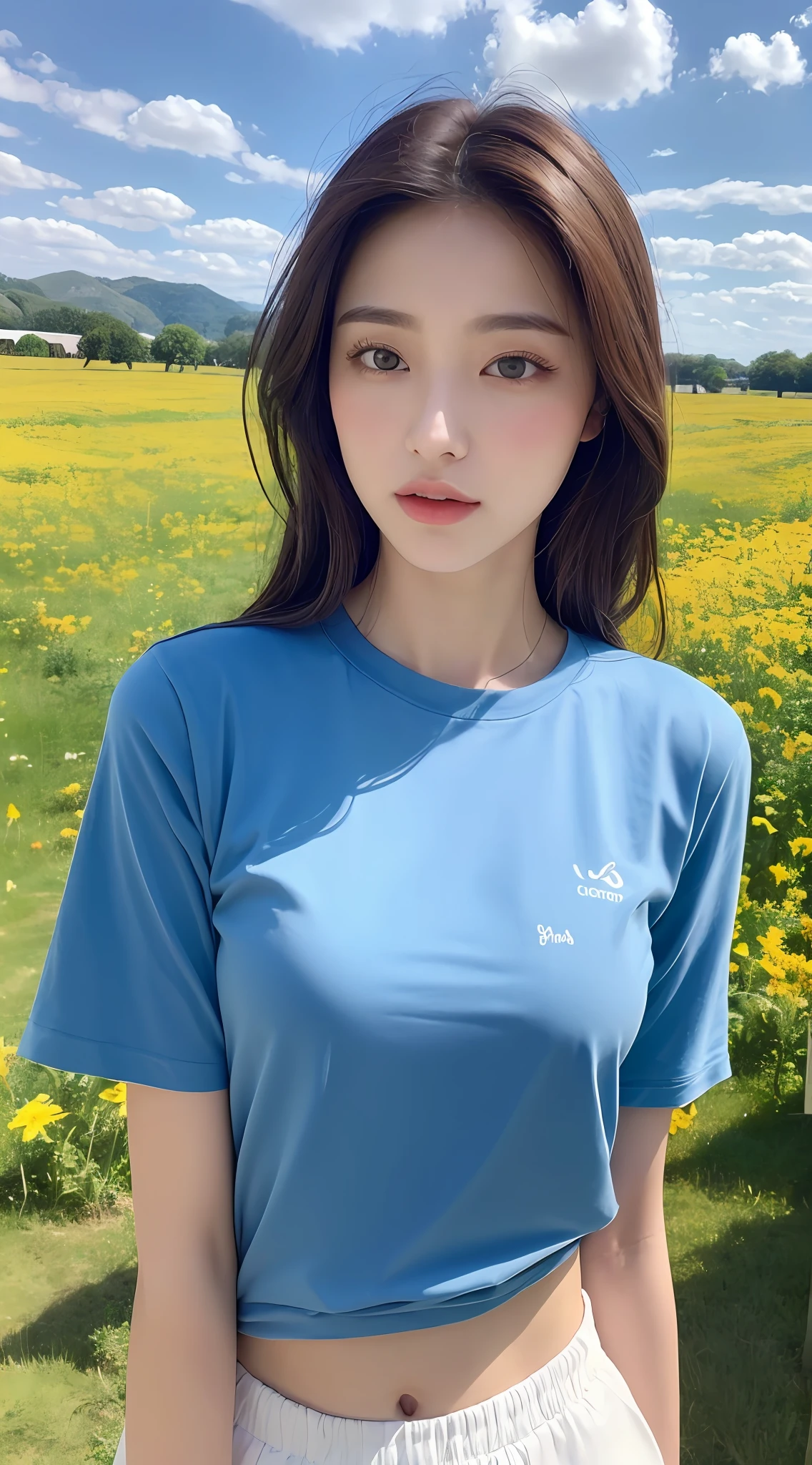 (( Best Quality, 8K, Masterpiece: 1.3)), Focus: 1.2, 1girl, Perfect Beauty: 1.4, Slim Abs: 1.1, ((Dark Brown Hair)), (T-shirt: 1.4), (Outdoor, Daytime: 1.1), Blue Sky and White Clouds, Vast Meadow, Ultra-fine face, Fine eyes, Double eyelids,