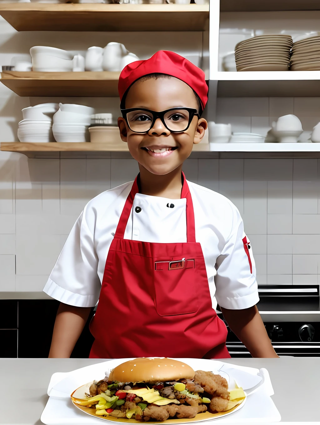 guttonerdreliberate1, portrait of a 3--old  wearing glasses, plate with hamburger and fried gowns on the counter, (posing for the photo: 1.2), hands behind the body, dressing, (white clothing: 1.3) of cook, chef, masterchef, (red cap: 1.5) without print and without embroidery. Industrial kitchen scenario. Detailed, realistic, depth of field