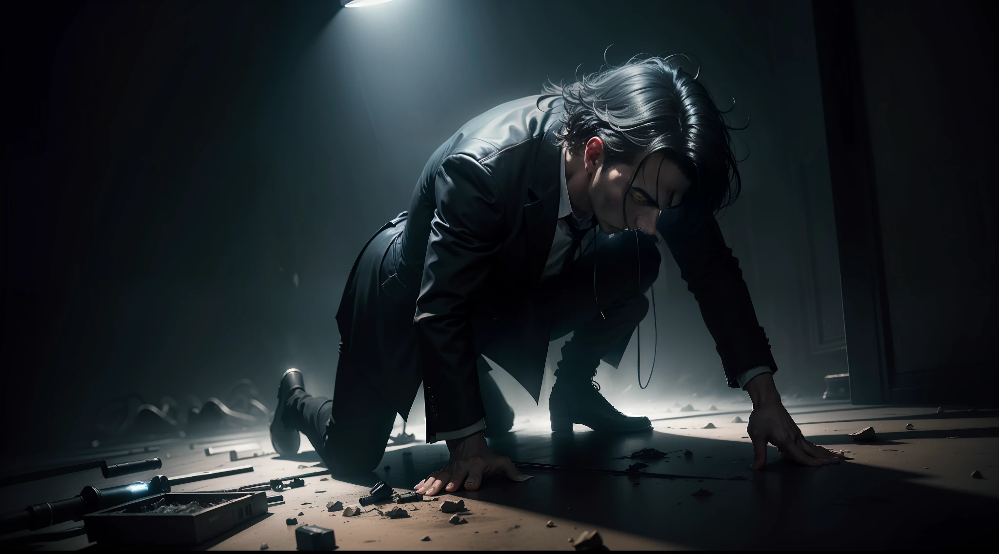 (masterpiece), surrealism, dark scenery, stunning lighting, man on his knees on the floor, hands in his ears, messy hair, bright lights, exposed spine, flashlight, fog, deep shadows