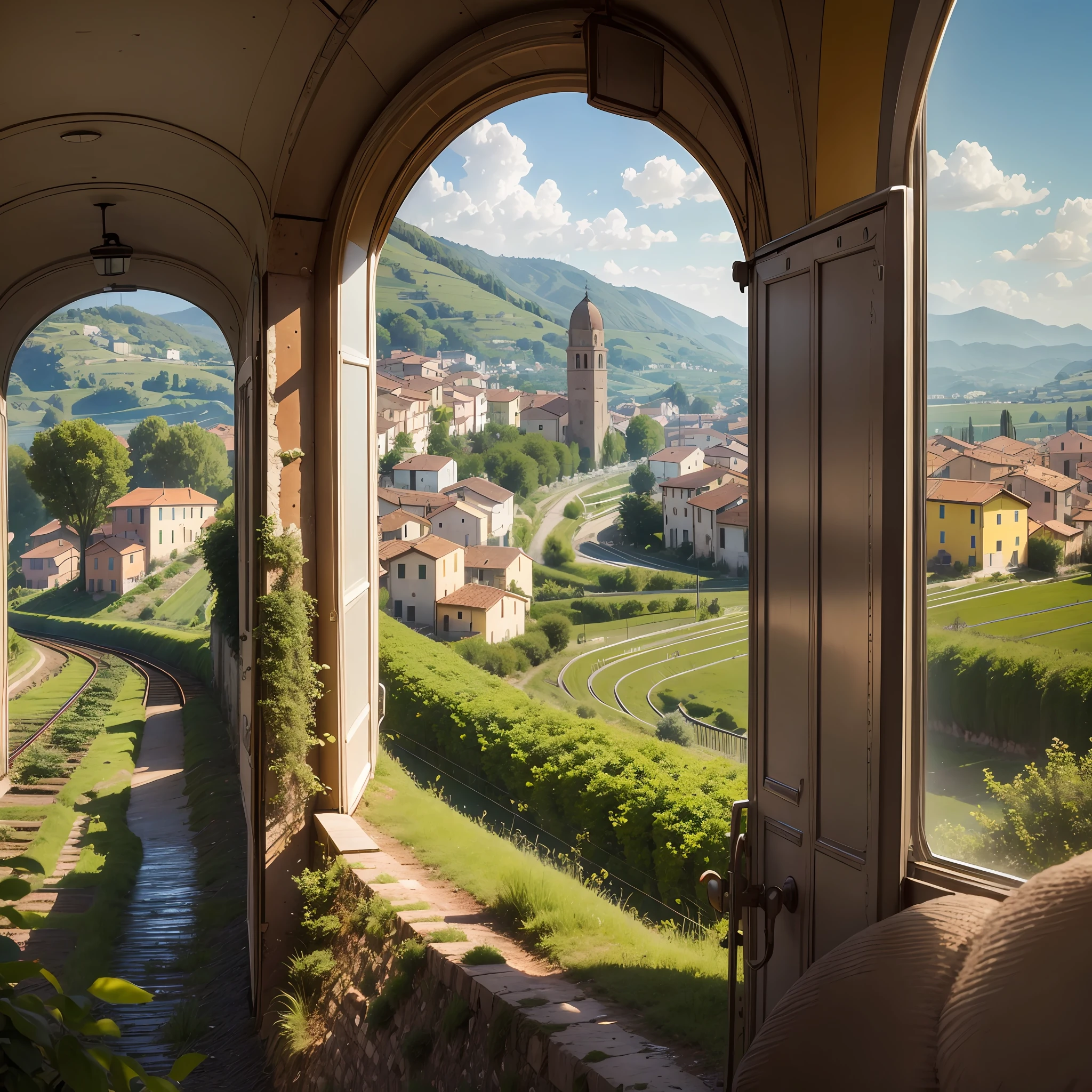 Immersed in a bucolic landscape inside the train, you spot a charming Italian town that is fast approaching.