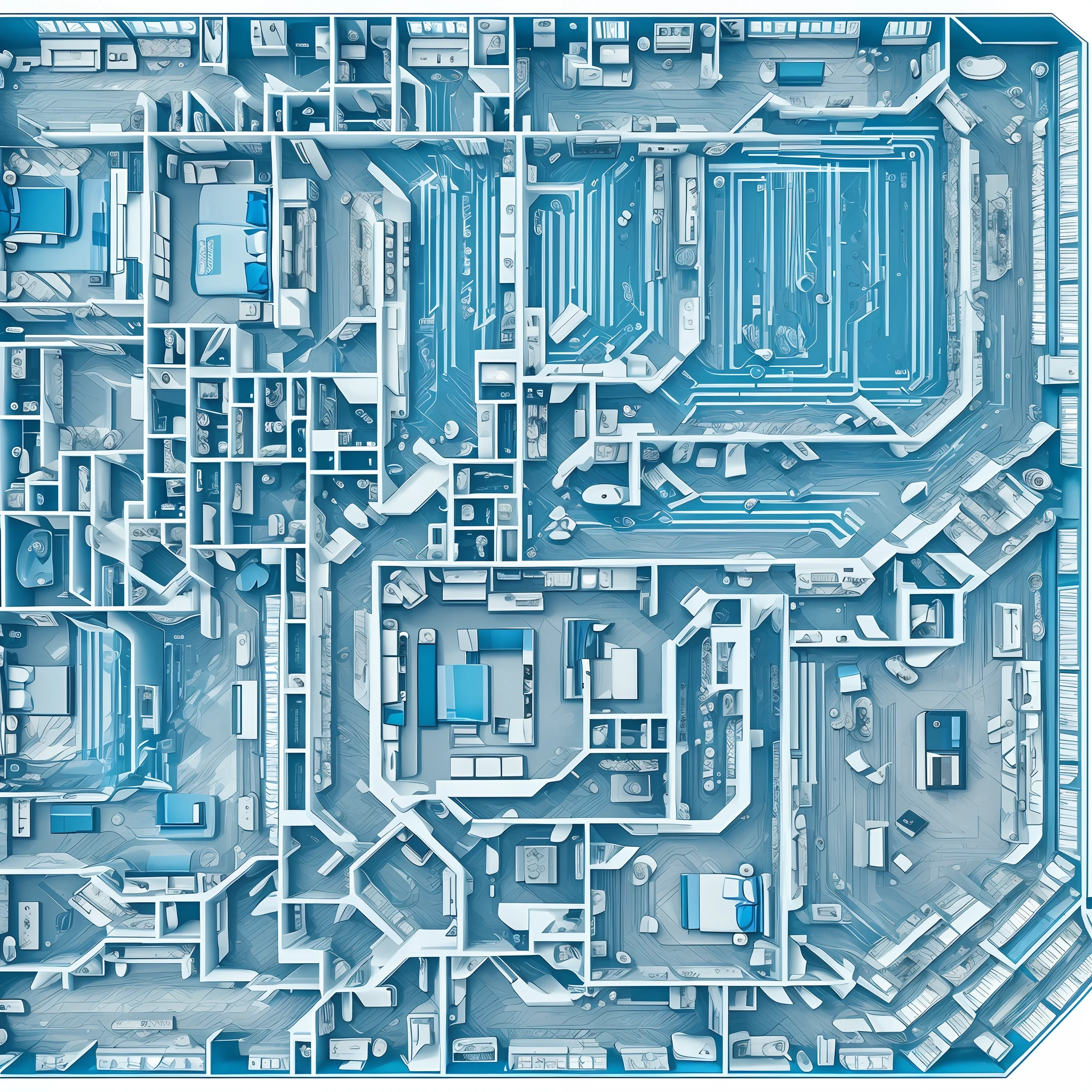 An artistic representation of computer circuits forming the floor plan of a house, with the names and footage of each room in softer tones. The use only of the pure colors blue, black, white to compose the image --auto --s2
