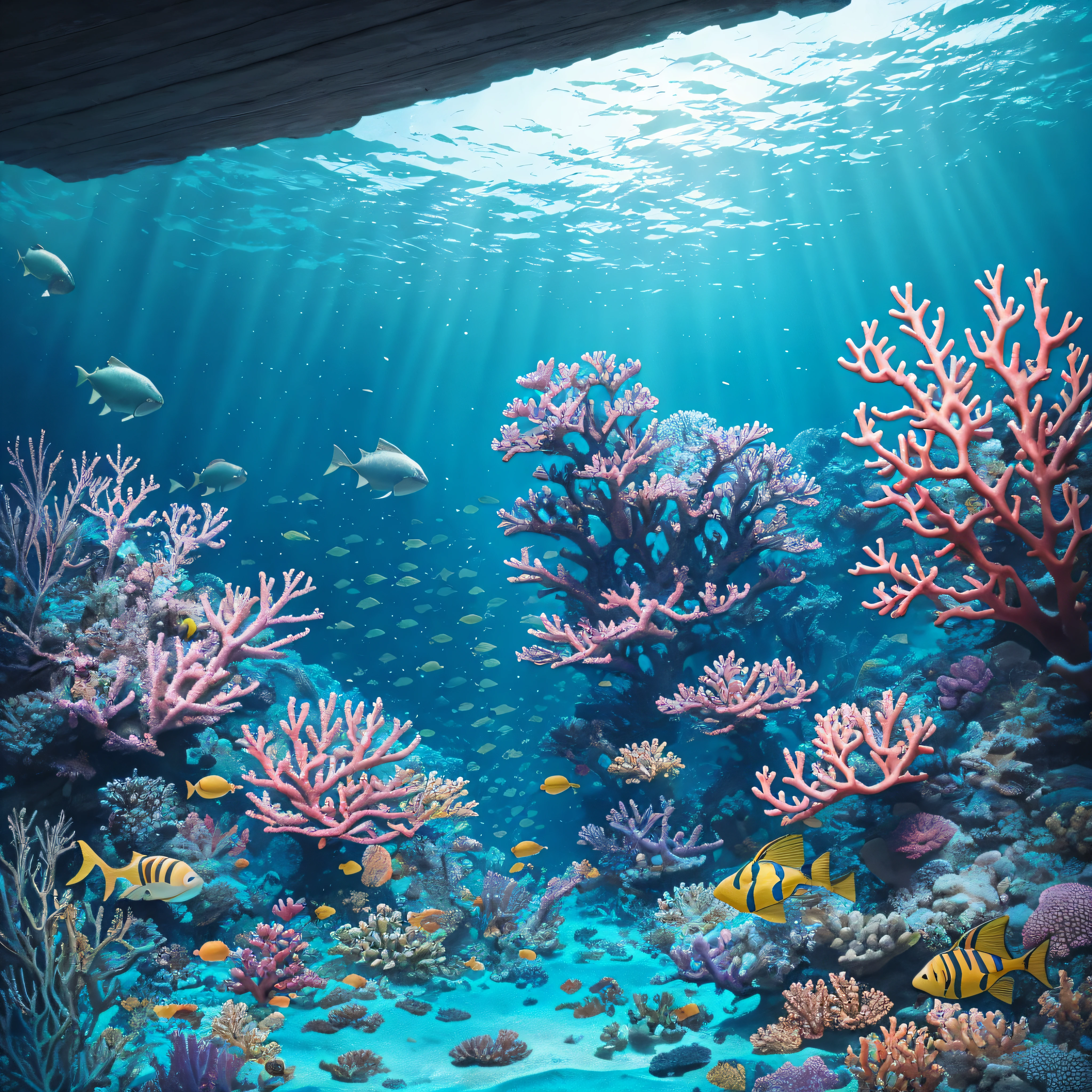 "Underwater Haven": An underwater paradise teeming with vibrant marine life, coral reefs, and bioluminescent creatures, showcasing the beauty and mystery of the deep sea, Surrealism, color field printing, high detail, UHD, 8k, anatomically correct, cinematic lighting 4d quality --auto --s2