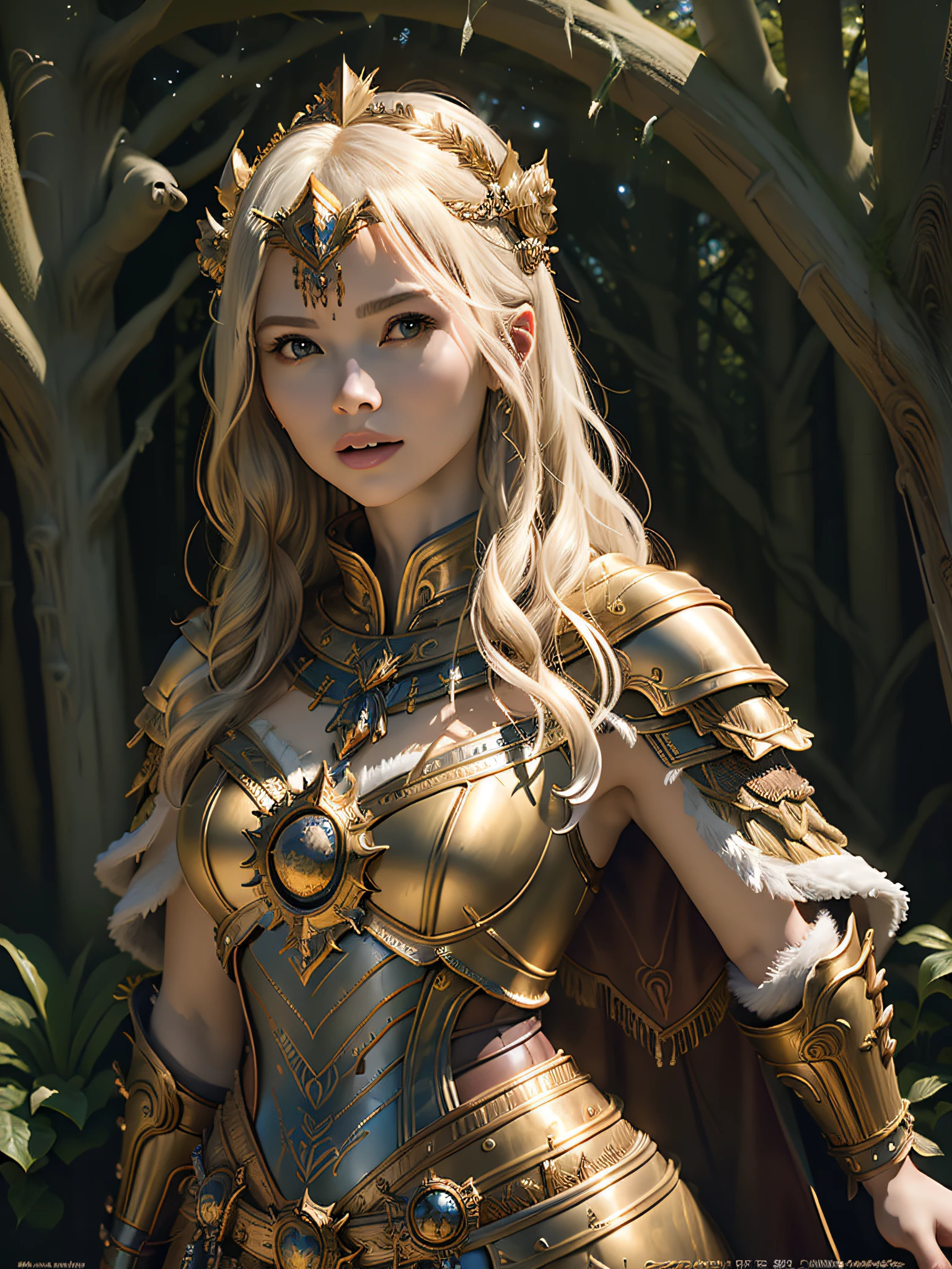 (Masterpiece, Top Quality, Top Quality, Official Art, Beautiful and Aesthetic: 1.2), (1 Girl), (Warrior Queen Golden Armor, Fur-Lined Cape, Bejeweled Crown: 1.2), Serious, White Hair, Colossal, Ultimate Jewel, 100pcs, Gorgeous, Raw Photo, Sexy Swimsuit