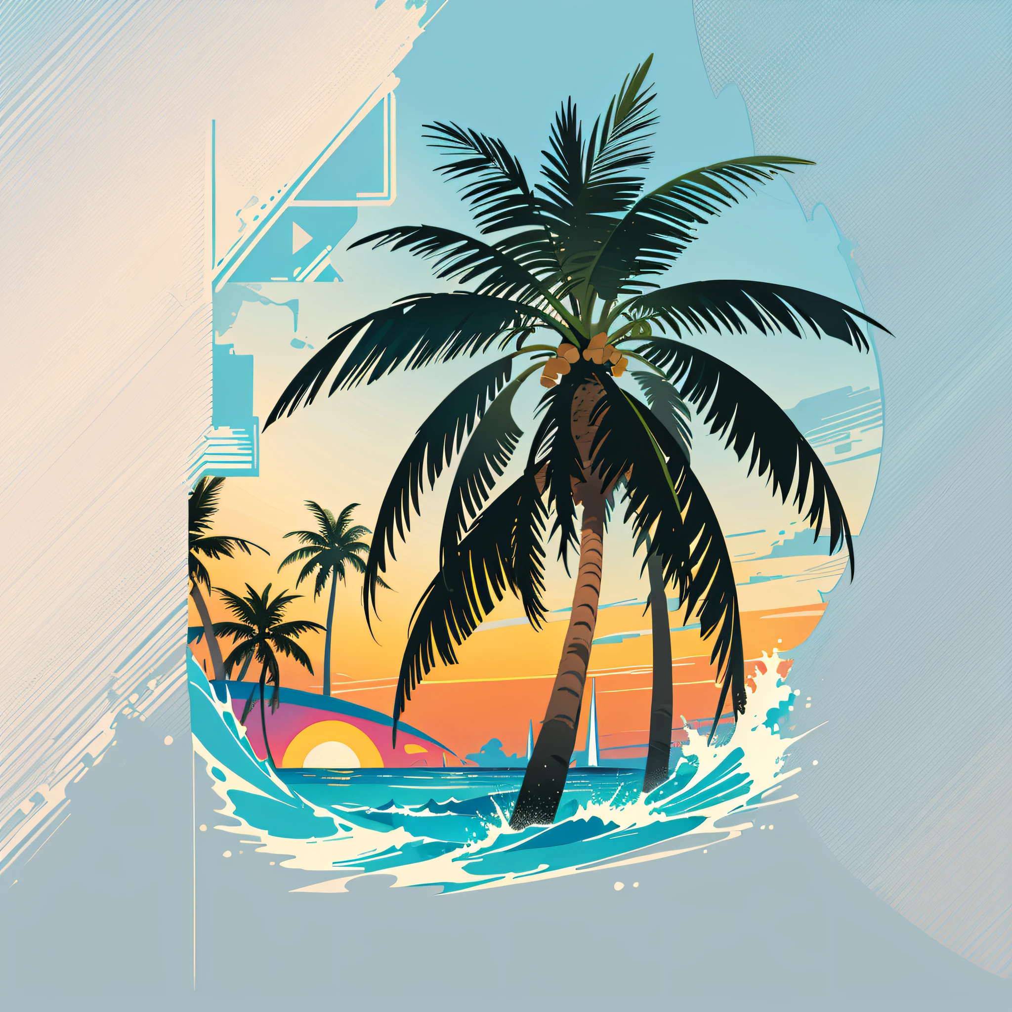2d vector illustration, tshirt design for summers, palm trees, (surf: 1.1), (combi), sunrays, (best quality, masterpiece: 1.3), minimalist, (8 colors)