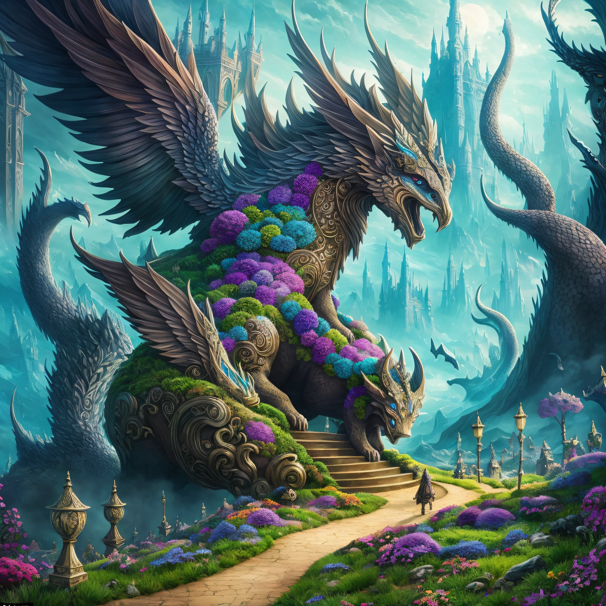 "Fantasy Realms": An immersive and highly detailed illustration of a fantasy realm, complete with mythical creatures, elaborate landscapes, and magical elements, inviting viewers to explore its intricacies, Surrealism, color field printing, high detail, UHD, 8k, anatomically correct, cinematic lighting 4d quality --auto --s2