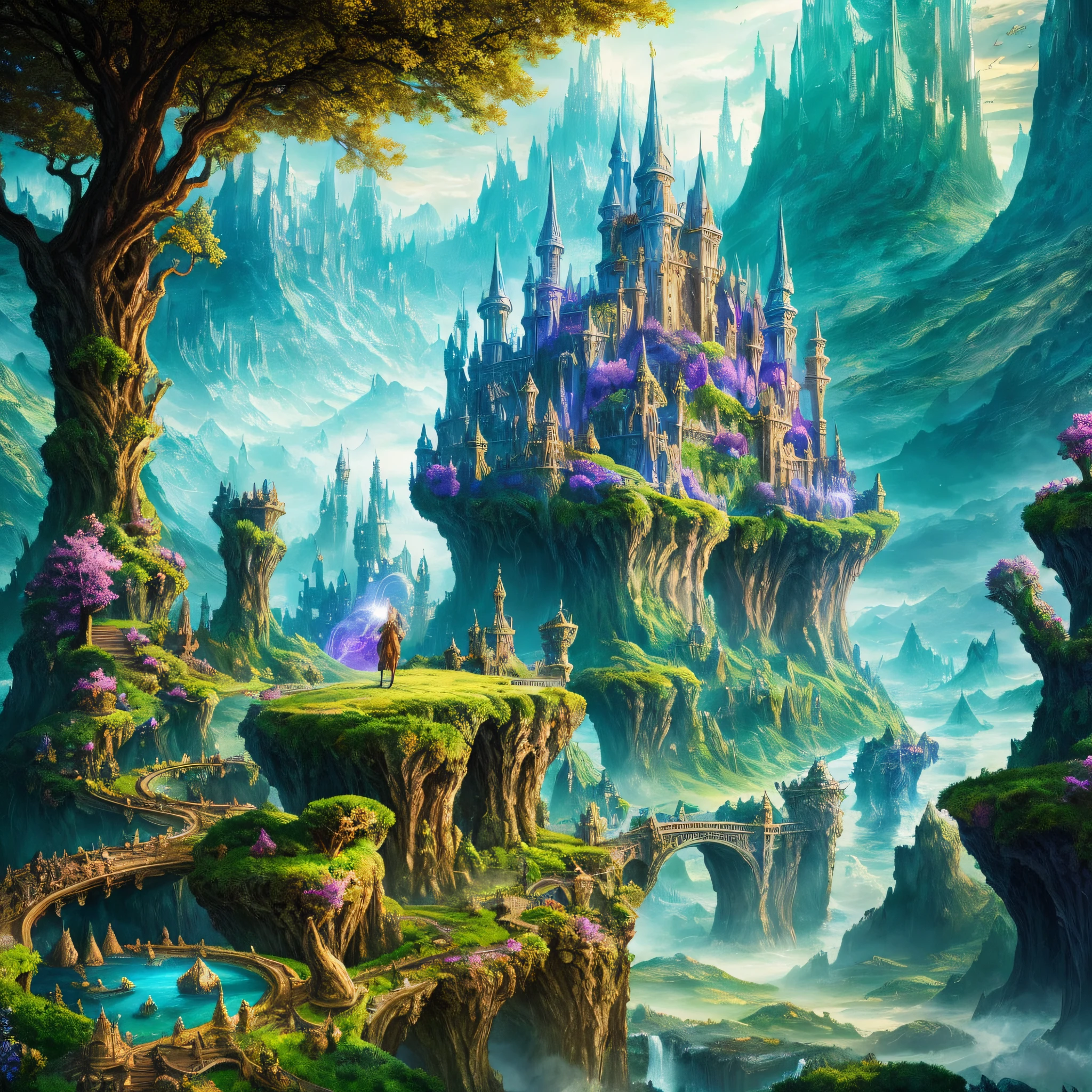 "Fantasy Realms": An immersive and highly detailed illustration of a fantasy realm, complete with mythical creatures, elaborate landscapes, and magical elements, inviting viewers to explore its intricacies, Surrealism, color field printing, high detail, UHD, 8k, anatomically correct, cinematic lighting 4d quality --auto --s2
