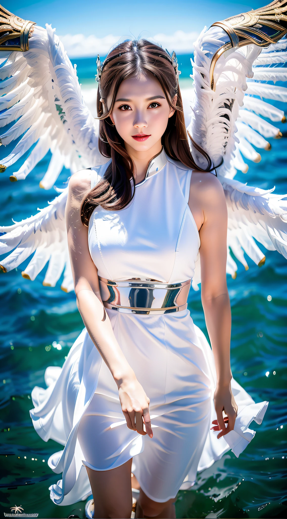photo of ukwng, unfolded white big wings with silver rim, hidden arms, wingarm, hair ornament,  2wings,
standing in the air, land sea, hight angle shot, upper body
beautiful woman, ((solo)), ((1girl)), best quality, ultra high res, 8K, masterpiece, sharp focus,  clear gaze
