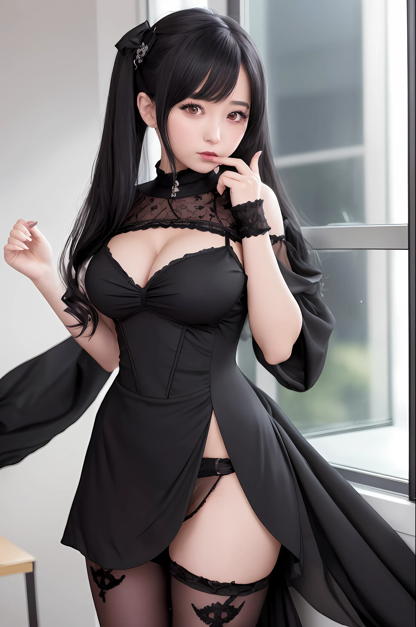 A woman in a black dress and stockings poses in front of the window, seductive anime girl, cute anime waifu in beautiful clothes,  in dress, beautiful and seductive anime woman with exquisite details. Girl Front, Anime Girl Wearing Black Dress, Anime Moe Art Style, Black, Marin Kitagawa Doujin Art, [ 4 K Digital Art]!! , big breasts