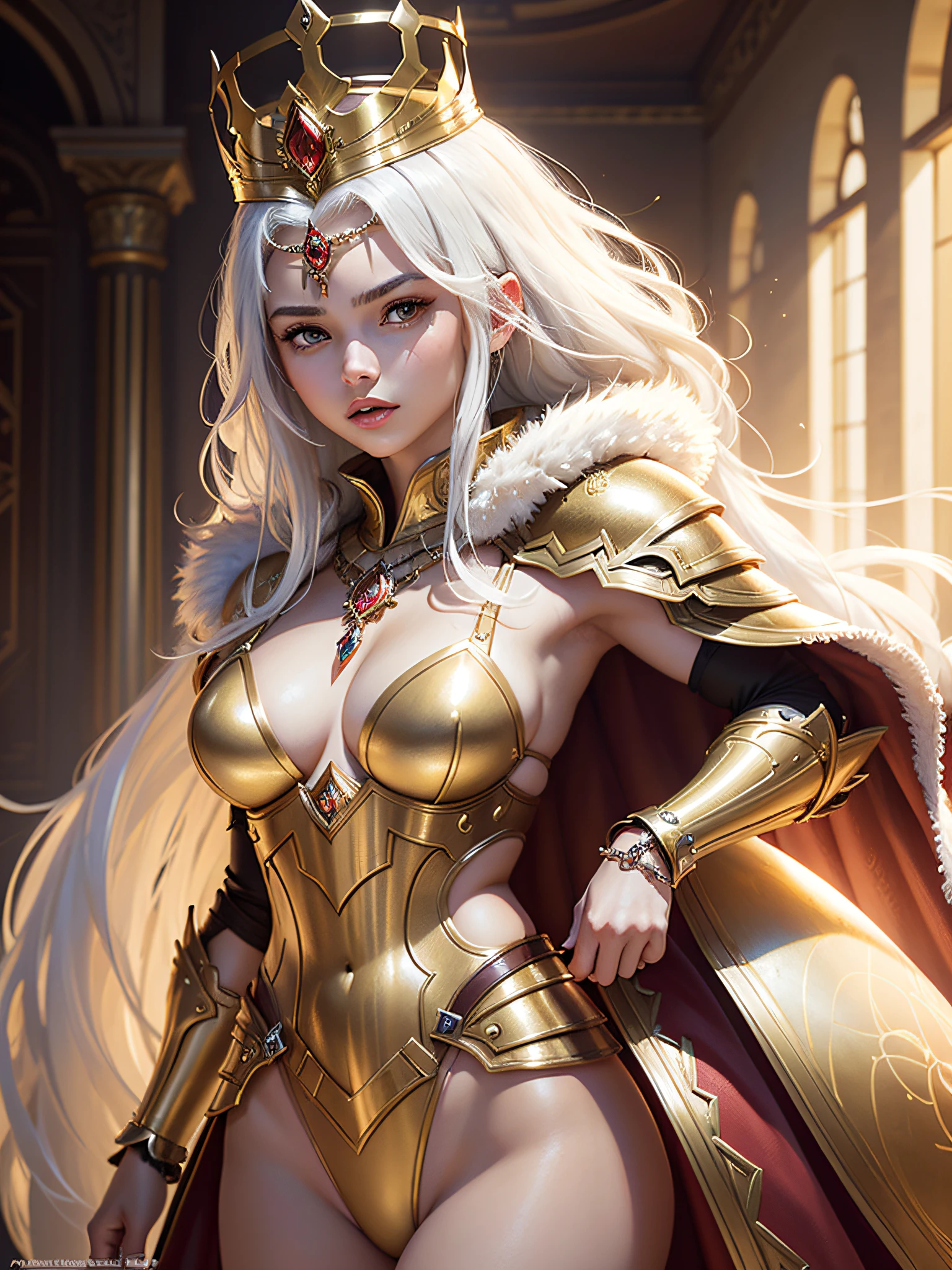 (Masterpiece, Top Quality, Top Quality, Official Art, Beautiful and Aesthetic: 1.2), (1 Girl), (Warrior Queen Golden Armor, Fur-Lined Cape, Bejeweled Crown: 1.2), Serious, White Hair, Colossal, Ultimate Jewel, 100pcs, Gorgeous, Raw Photo, Sexy Swimsuit