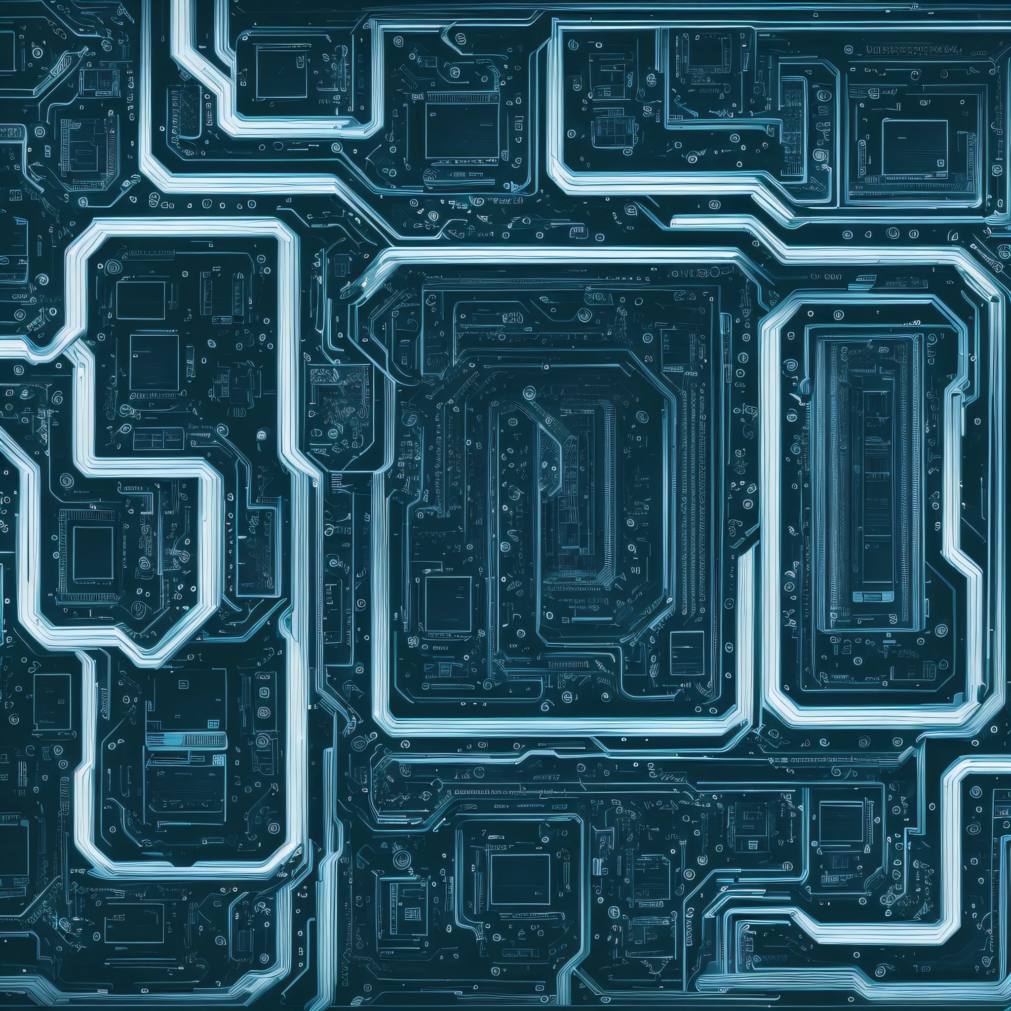 An artistic representation of computer circuits forming the floor plan of a house, with the names and footage of each room in softer tones. The use only of the pure colors blue, black, white to compose the image --auto --s2