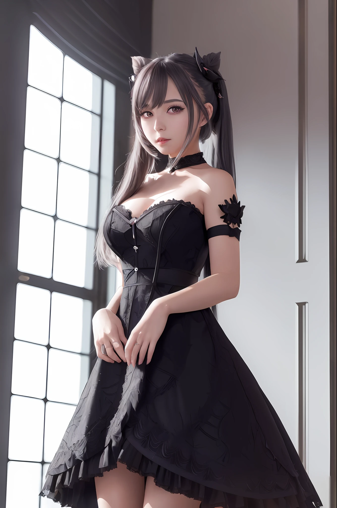 a woman in a black dress and stockings posing in front of a window, seductive anime girl, cute anime waifu in a nice dress, **** in dress, beautiful alluring anime woman, fine details. girls frontline, anime girl wearing a black dress, anime moe artstyle, noire, marin kitagawa fanart, [ 4 k digital art ]!!