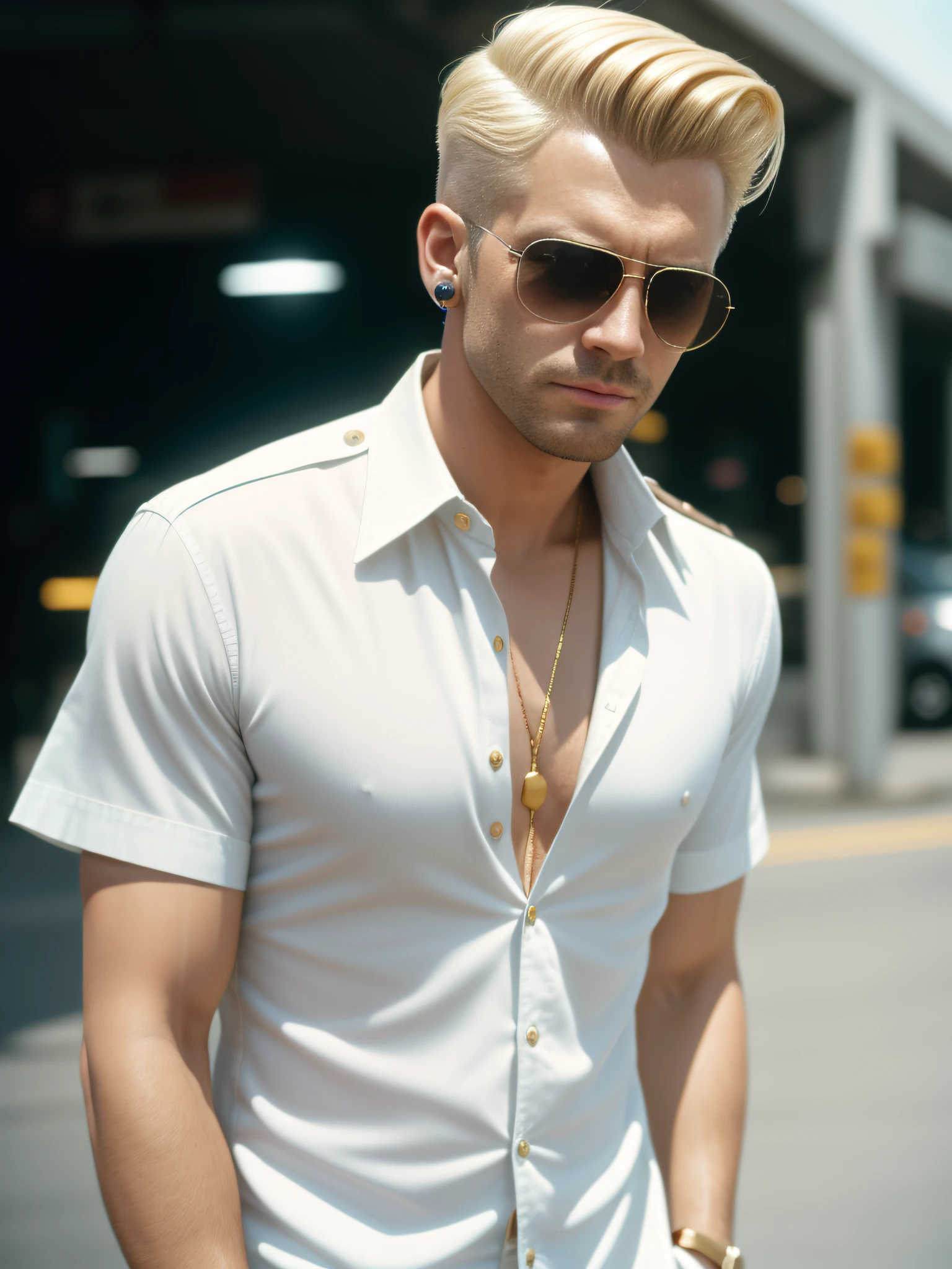 extremely detailed face, masterpiece, realistic, best quality, photorealistic, 8k, high res, standing, (looking at the camera), ordinary clothing, man, short wavy hair, by lee jeffries Nikon D850 film stock photography 4 kodak camera portra 400 lens f1.6 rich colors hyper realistic realistic texture dramatic lighting irrealengine trending on artstation cinestill 800, 1man, (in his 30s, blonde hair, cool military haircut, awkward pose, mildly funny expression on the face, dirty white dress shirt, aviator sunglasses, earring, gold wristwatch, funny face), first-person view