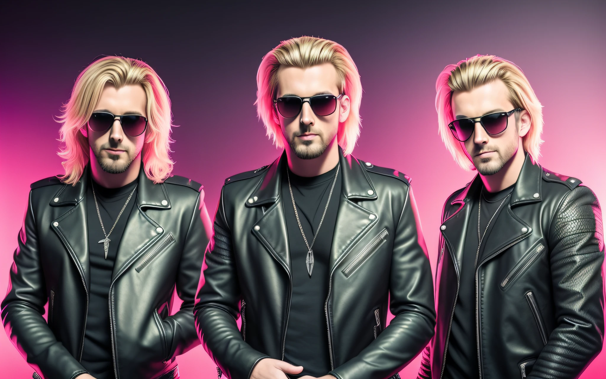 3 BLONDE BOYS in black leather jackets and sunglasses, HALF-BODYED, SOFT RED BACKGROUND LIGHTS, posing for a photo, high quality photo, very low quality image, heavy rock band promotional photo, phosphorescent, heavy metal band promo, photo of a promotional session, very high quality, war photo,  the scooter (EDM band, sinister vibe, the name of the band is Roborock