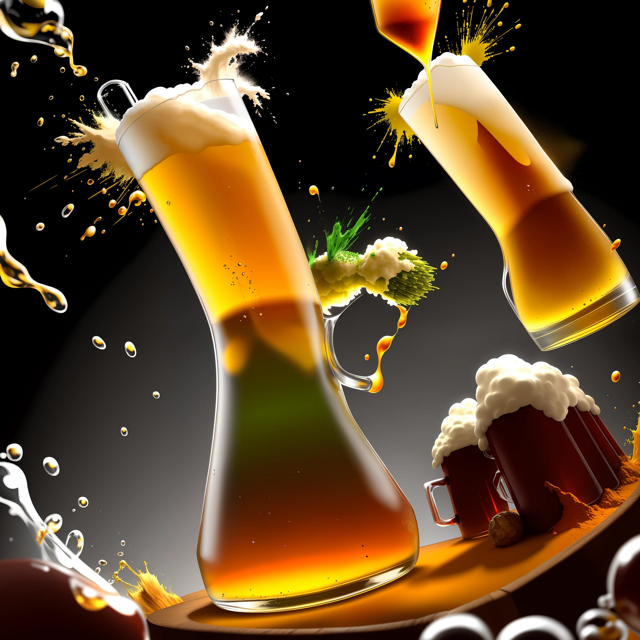 Two beer glasses collide, and hops splash everywhere