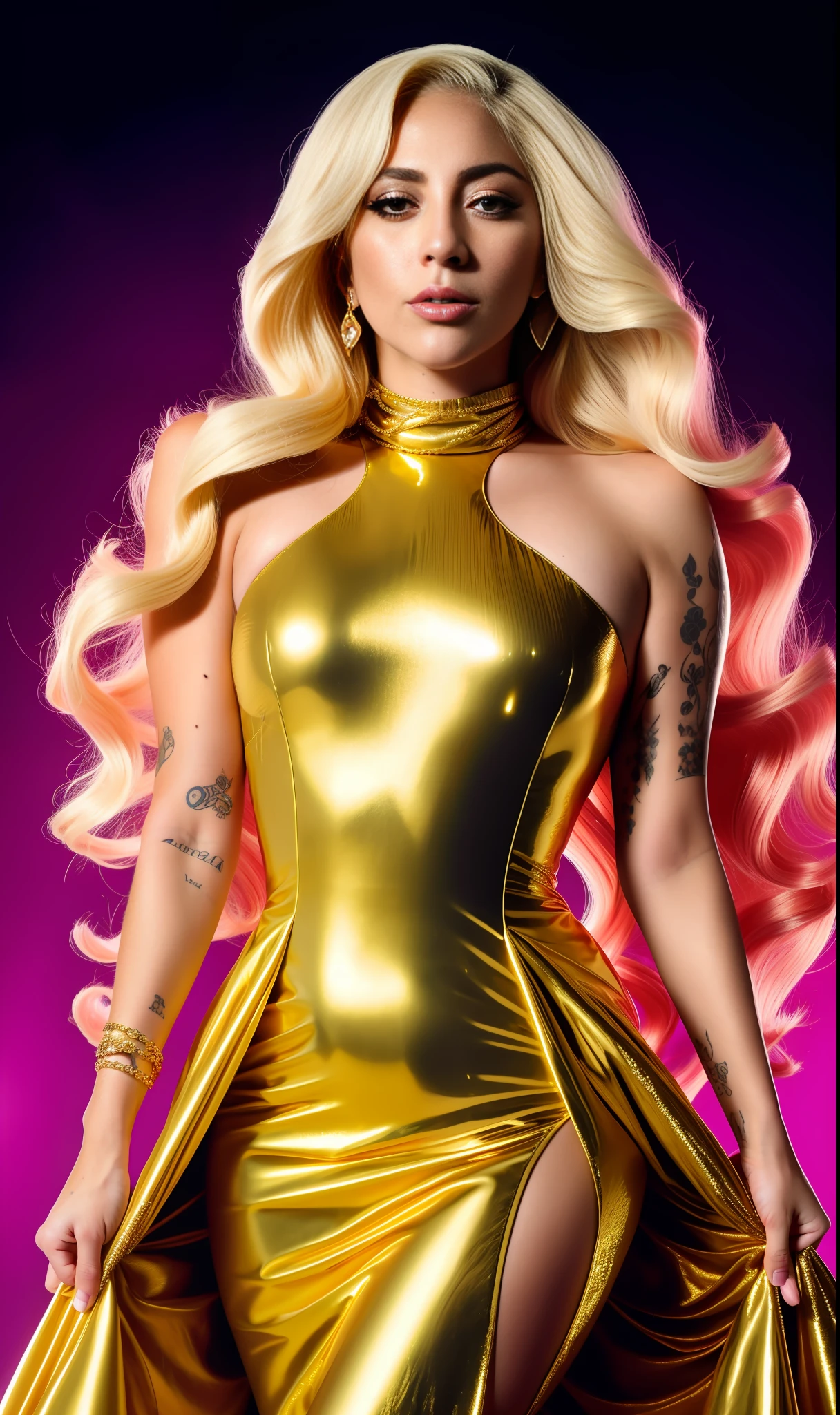 Photo of lady gaga with dress made of golden chains, 4K texture, long hair, high quality, extravagant hairstyle, original album cover, colorful dress with diamonds, 8k image, futuristic, high image quality, at night, hair accessories, 8k image, realistic face in high quality, full body, different body poses, face detailed in HD