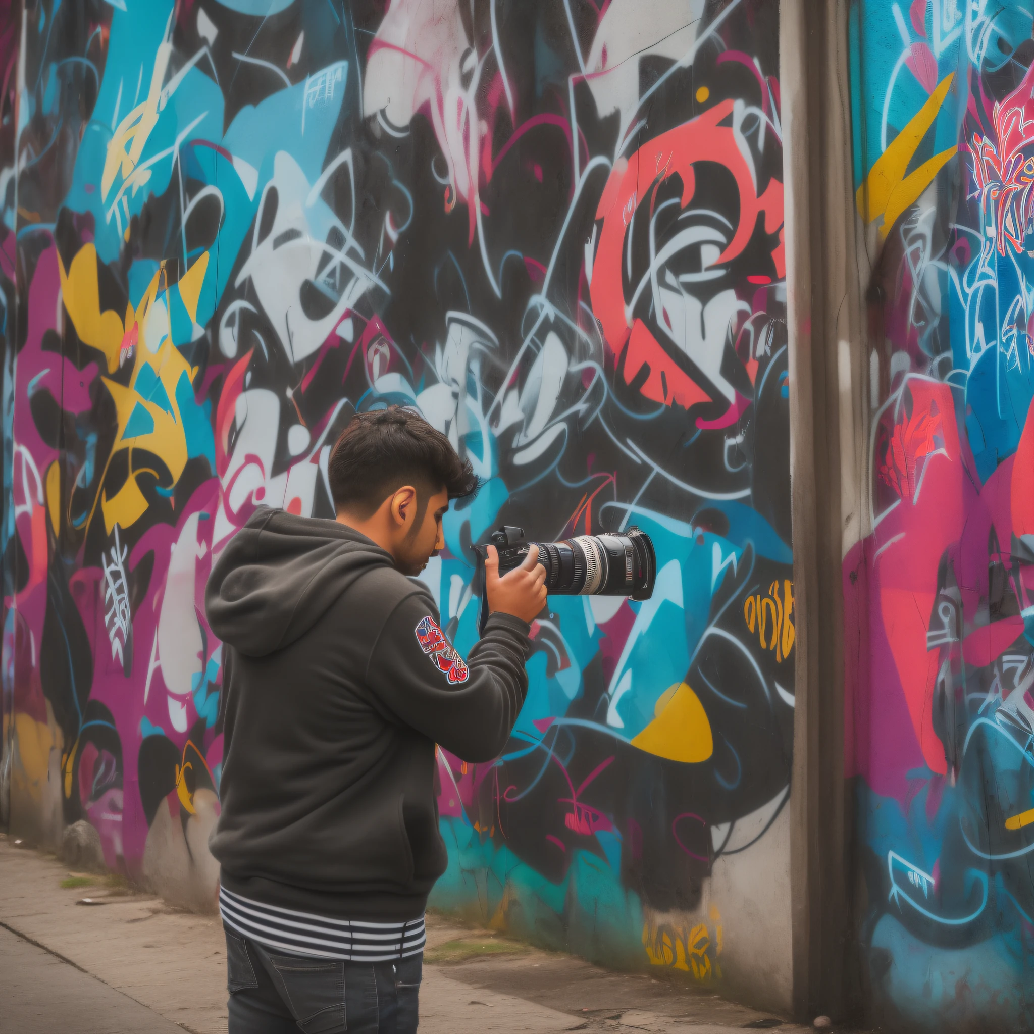 arafed man taking a picture of a wall covered in graffiti, graffiti in the background, urban photography, graffiti in the background, street art 8 k, hd photography street, graffiti buff, street photography style, photography, color photography, photography style, splashed with graffiti art, anime style mixed with fujifilm, graffiti on the walls, graffiti on the wall, graffiti on walls straight hair