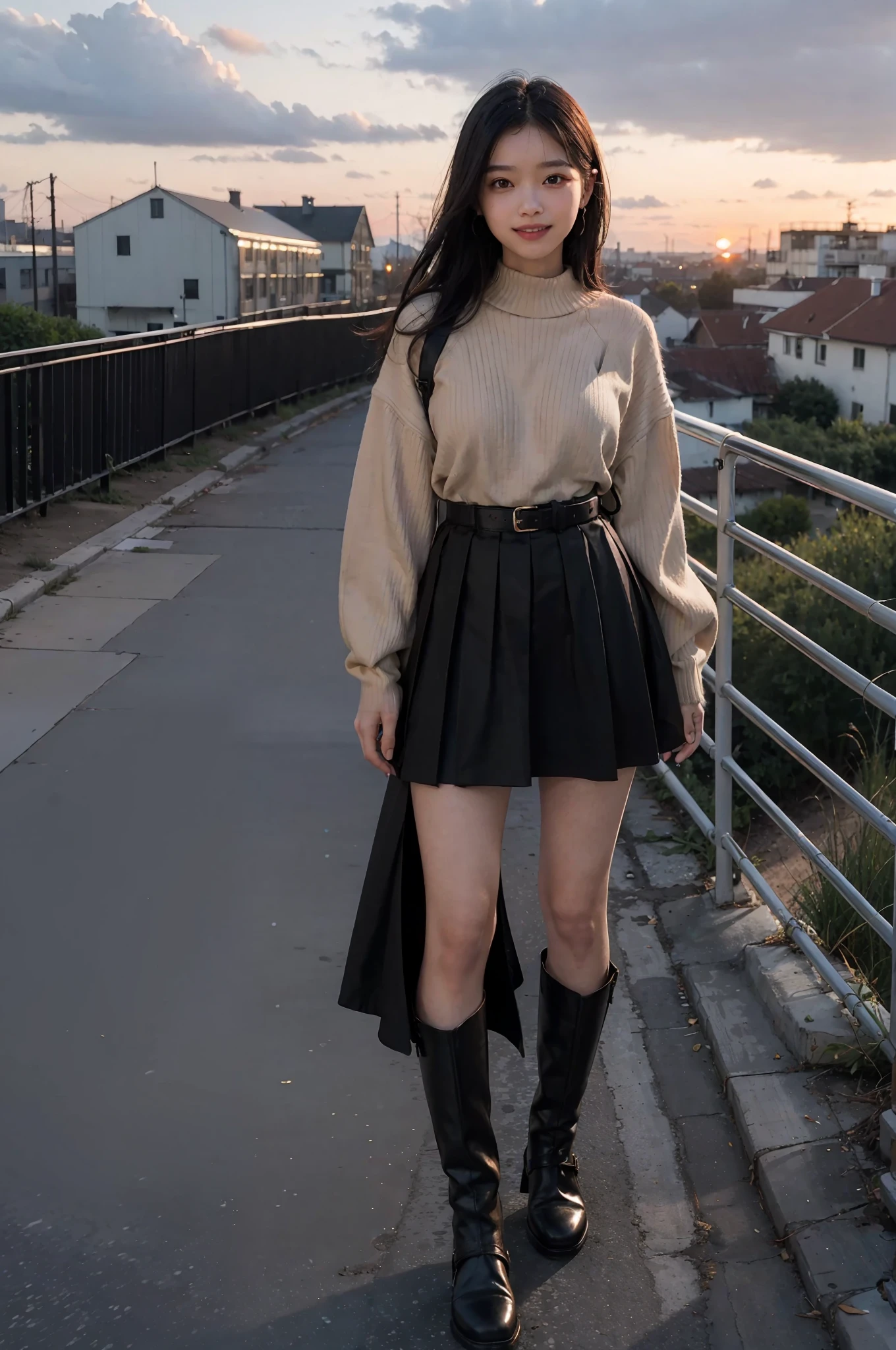 masterpiece,raw,beat_quality,((Young fashion woman wearing brown sweater and long black skirt with straps))),Light makeup,crying and smiling,black boots,slender,white skin,pearl skin,confidence,fine facial details,beautiful face,big eyes,elegant black hair,character is close to the lens,standing in the photo,photo,medium hair,clean sky, Some clouds, dusk, film lights, full-featured, shabby factory, the environment has many details, bright colors, bright pupils, perfect female figure, breeze blowing, train is driving, stairs, sunset, sunlight illuminates the sides, there are tourists in the background, a sense of drama, old buildings