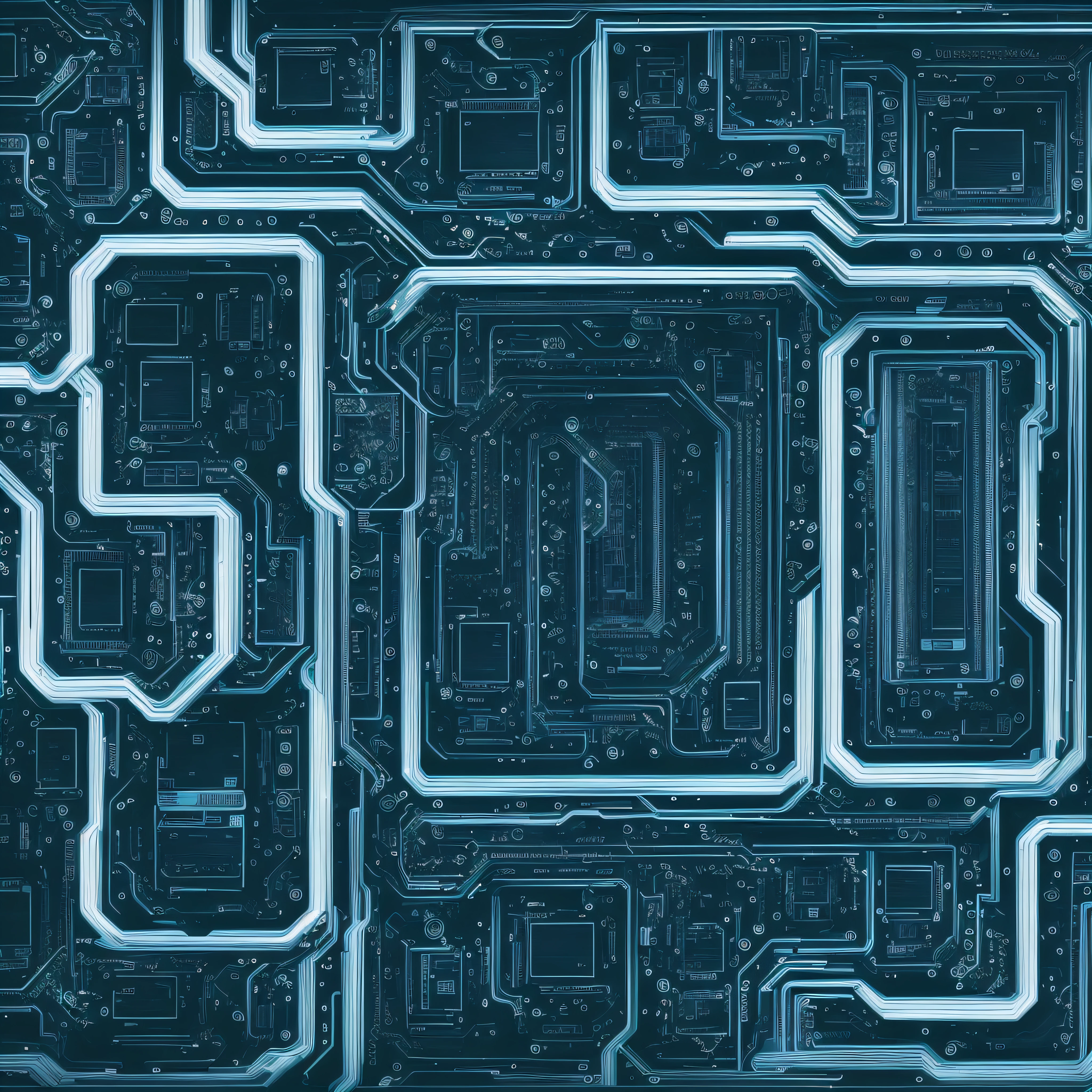 An artistic representation of computer circuits forming the floor plan of a house, with the names and footage of each room in softer tones. The use only of the pure colors blue, black, white to compose the image --auto --s2