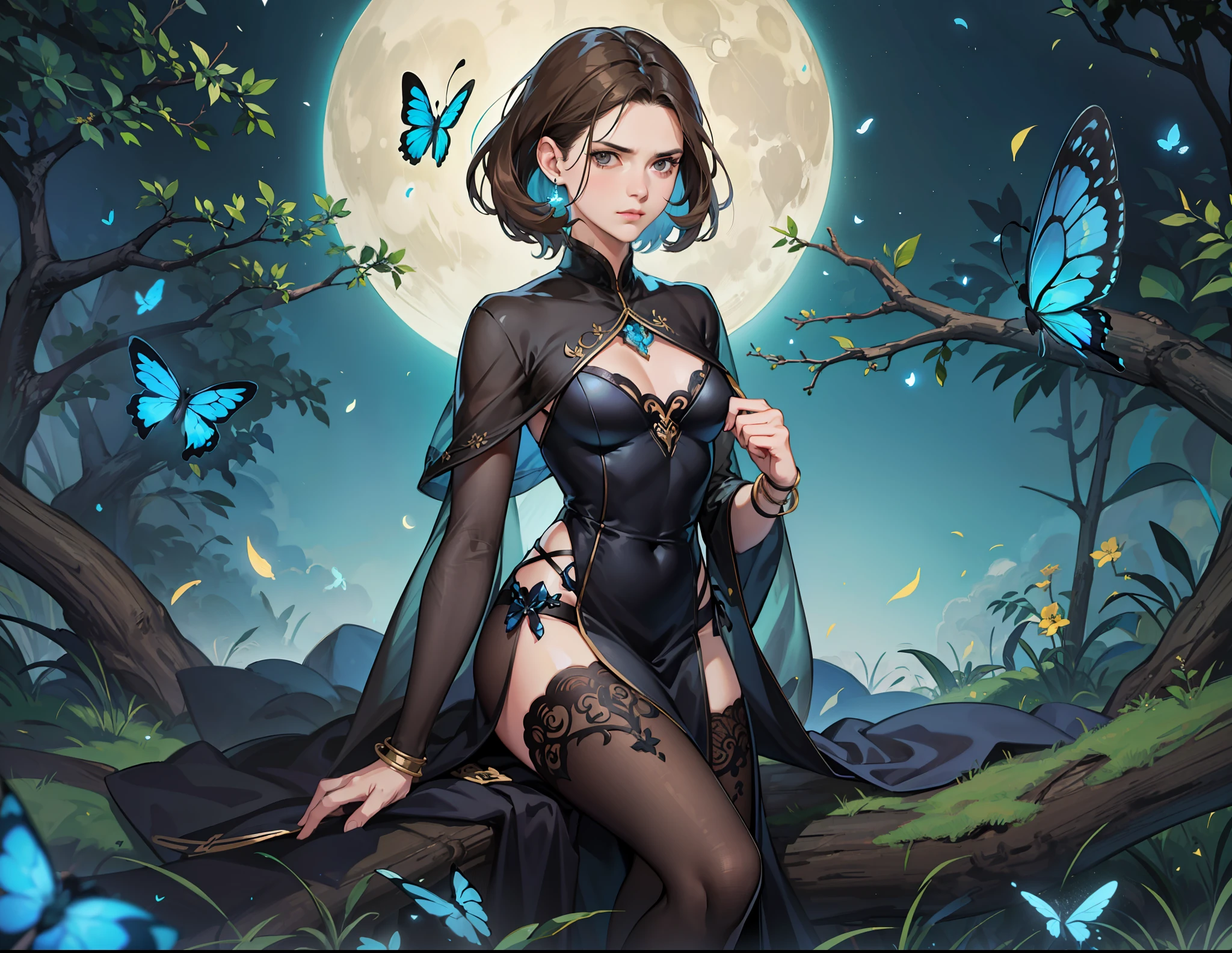 ((Superior quality, portraits, masterpieces, 8K wallpapers: 1.3)), girl with short wavy brown hair (((SHORT HAIR))), obsidian-like black eyes, (((ANNOYING, SERIOUS LOOK))) sitting on a branch of a mueto tree, bioluminescent blue butterflies, dark hour, perfect shadows and reflections of the moon on the scene. black dress covered, dark clothes of MOURNING, CLOTHES COVERING THEIR SKIN, TUNIC.