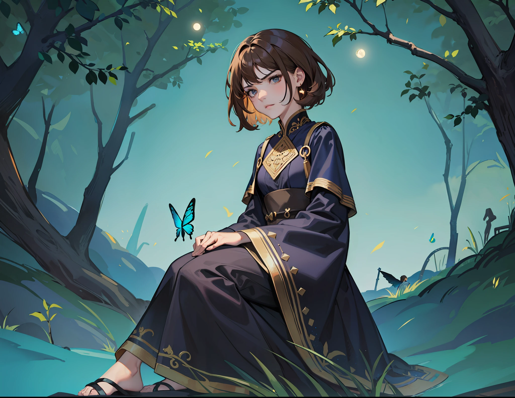 ((Superior quality, portraits, masterpieces, 8K wallpapers: 1.3)), girl with short wavy brown hair (((SHORT HAIR))), obsidian-like black eyes, (((ANNOYING, SERIOUS LOOK))) sitting on a branch of a mueto tree, bioluminescent blue butterflies, dark hour, perfect shadows and reflections of the moon on the scene. black dress covered, dark clothes of MOURNING, CLOTHES COVERING THEIR SKIN, TUNIC.