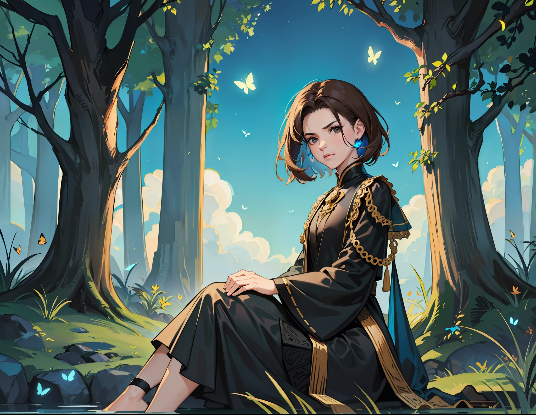 ((Superior quality, portraits, masterpieces, 8K wallpapers: 1.3)), girl with short wavy brown hair (((SHORT HAIR))), obsidian-like black eyes, (((ANNOYING, SERIOUS LOOK))) sitting on a branch of a mueto tree, bioluminescent blue butterflies, dark hour, perfect shadows and reflections of the moon on the scene. black dress covered, dark clothes of MOURNING, CLOTHES COVERING THEIR SKIN, TUNIC.