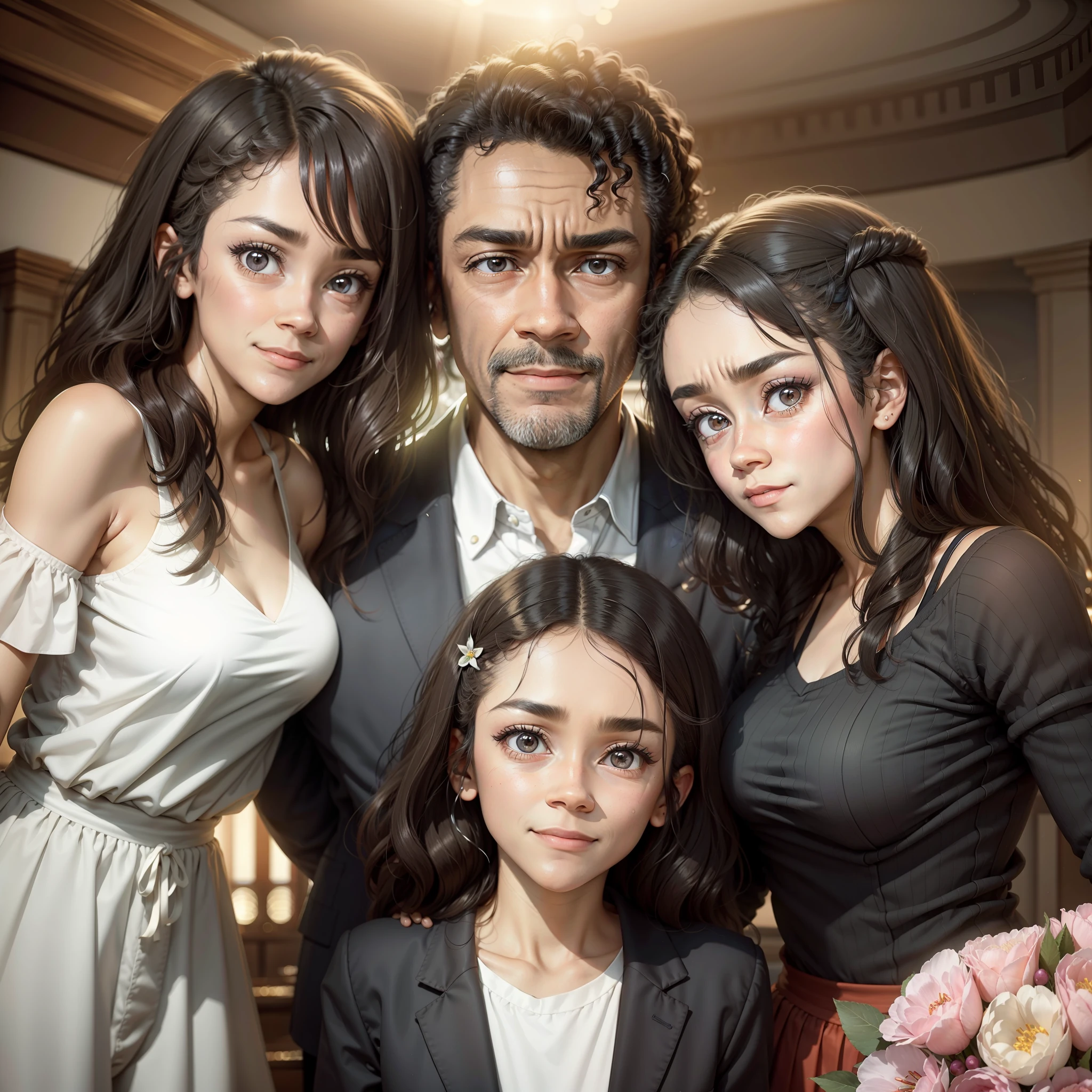 Father surrounded by his two daughters in a ballroom, the father is black black bald 50 years old in a skinny blazer and athletic build, two black daughters of lighter tone, one is  and the other 22 years old, they are at the 15th birthday party of the youngest, he is with serious look staring at the camera,  They're smiling. They hug their father one on each side. The oldest has straight hair and the youngest curly hair. Close, centered, high-quality image.