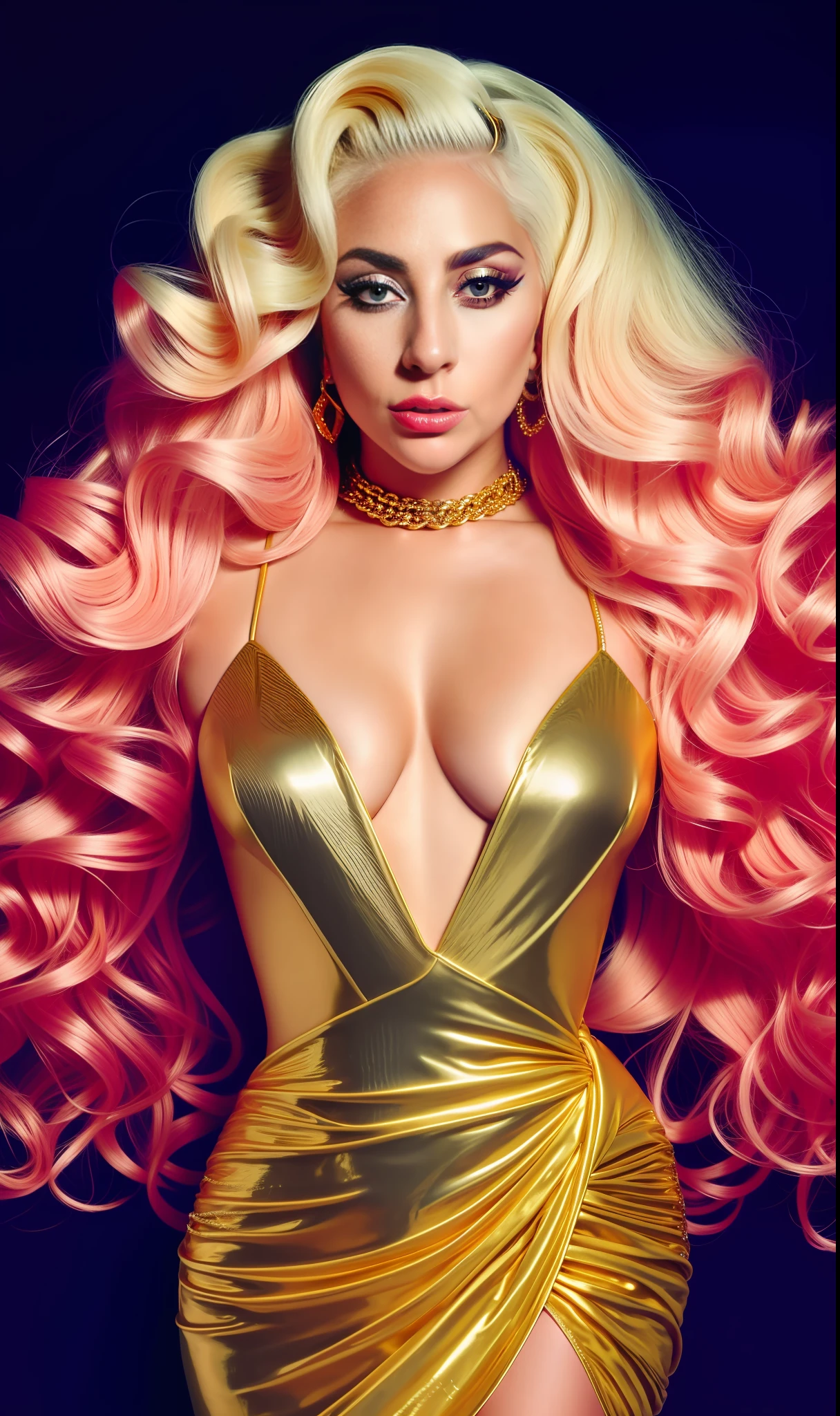 Photo of lady gaga with dress made of golden chains, 4K texture, long hair, high quality, extravagant hairstyle, original album cover, colorful dress with diamonds, 8k image, futuristic, high image quality, at night, hair accessories, 8k image, realistic face in high quality, full body, different body poses, face detailed in HD