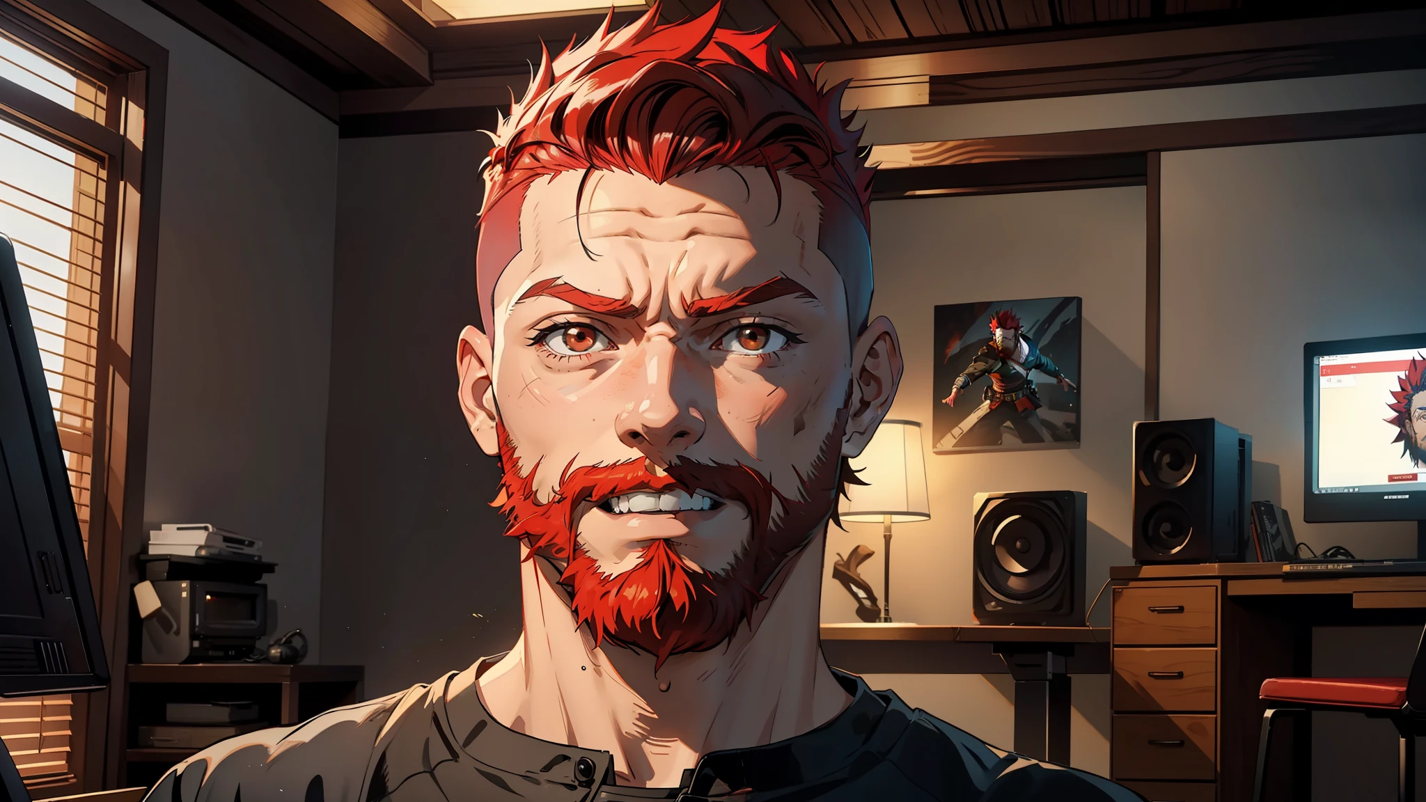 ((Best quality, 8k, Masterpiece: 1.3)), jujutsu kaisen, itadori, background, interior, gamer room, two computers, perfect lighting, (1boy), 25 years, upper body, portrait, perfect brown eyes, perfect face, perfect hair, red mohawk hair, degrade on the sides, short hair, detailed beard, red beard,