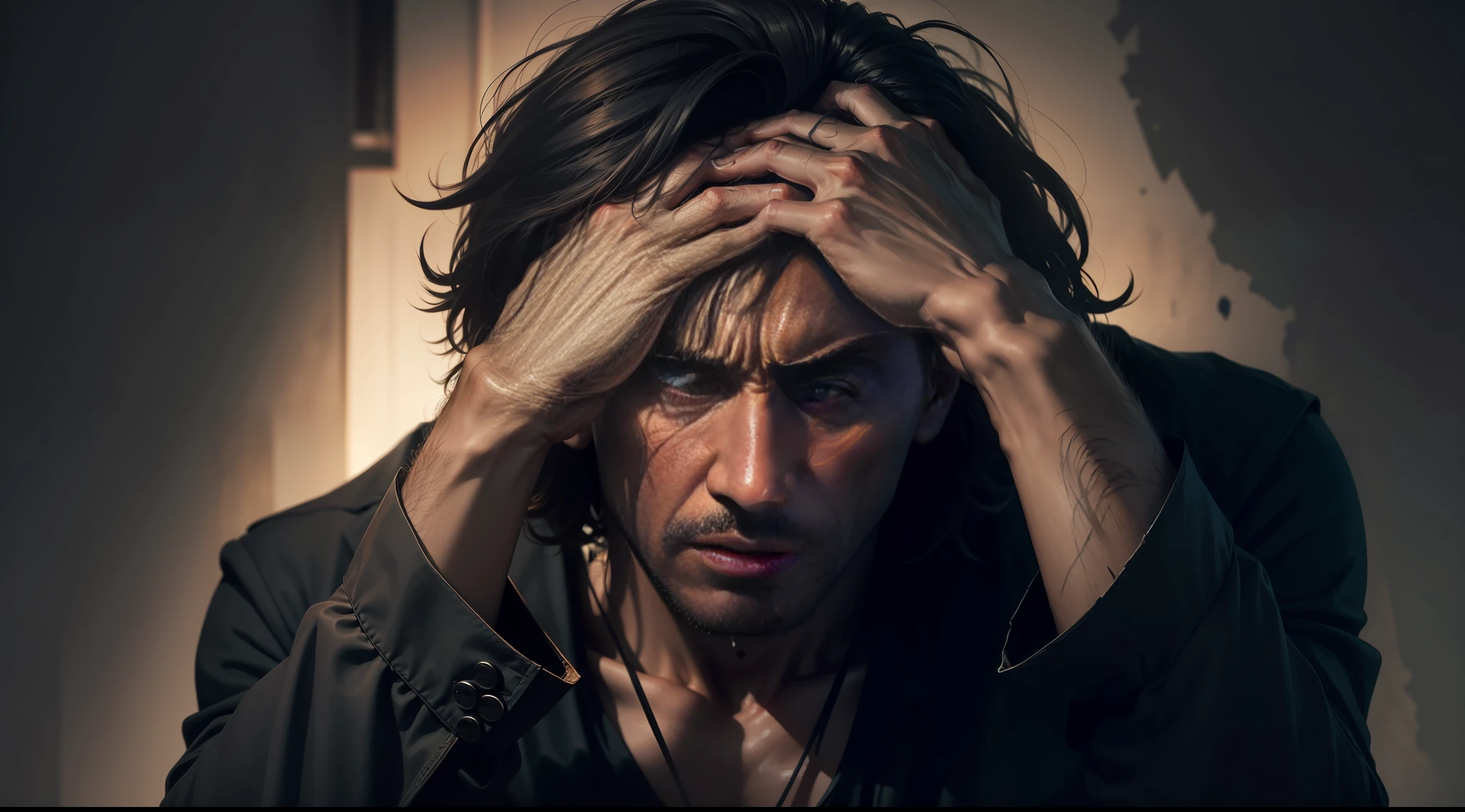 Sense of intense pain, a desperate man with his hands on his head, dark background, anguished expression, blurred, contrasting.