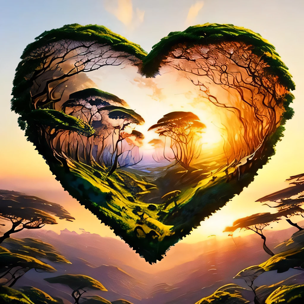 a painting of a sunset forest in the shape of a heart, Somewhere