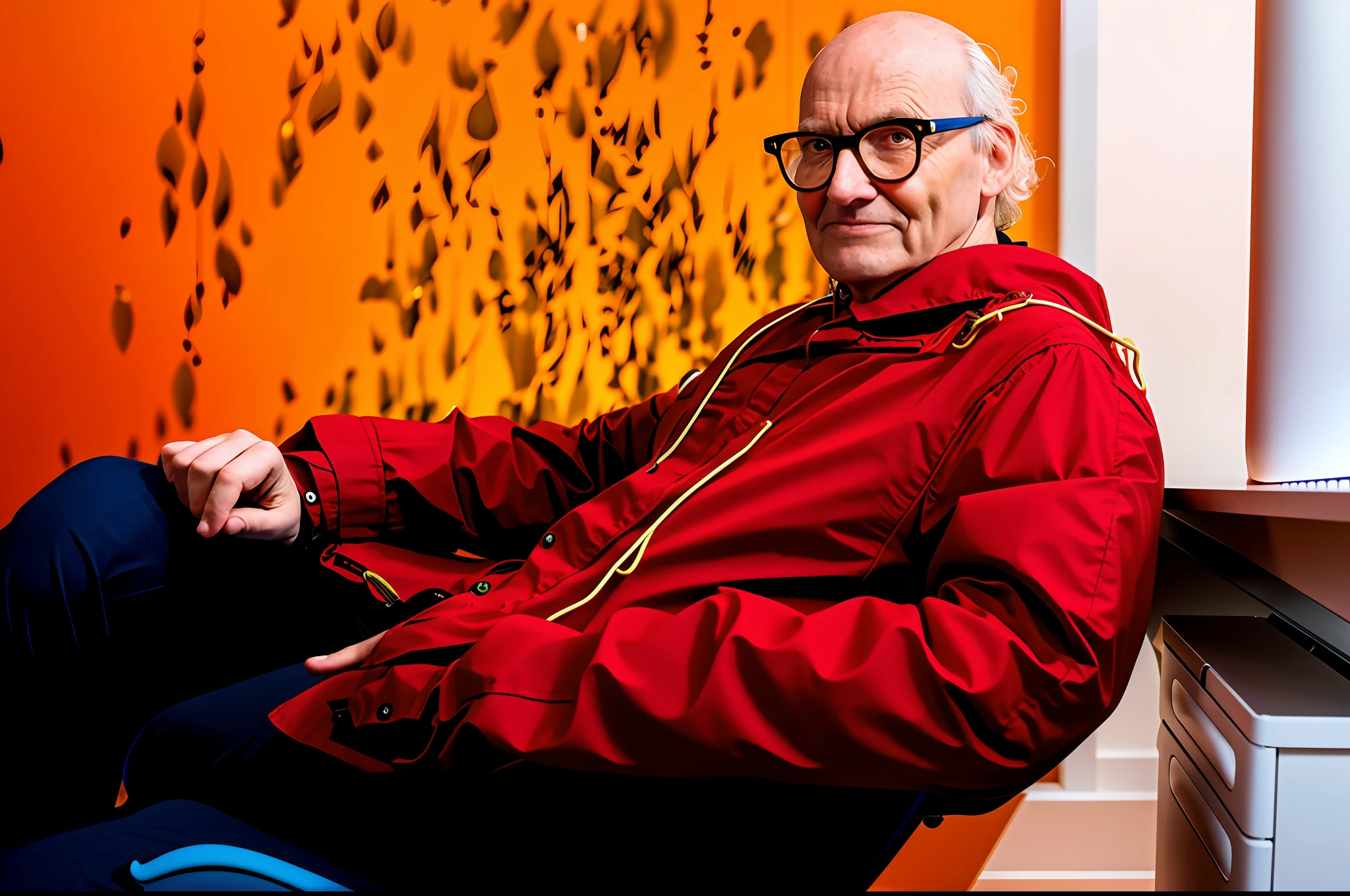 arafed man sitting in a chair in a room with a desk and a chair, claes oldenburg, hans bellmer and wlop, a portrait of richard wikström, hans bellmer and nadav kander, alvar aalto, arthur clarke, eero aarnio, dieter rams, jan svankmayer