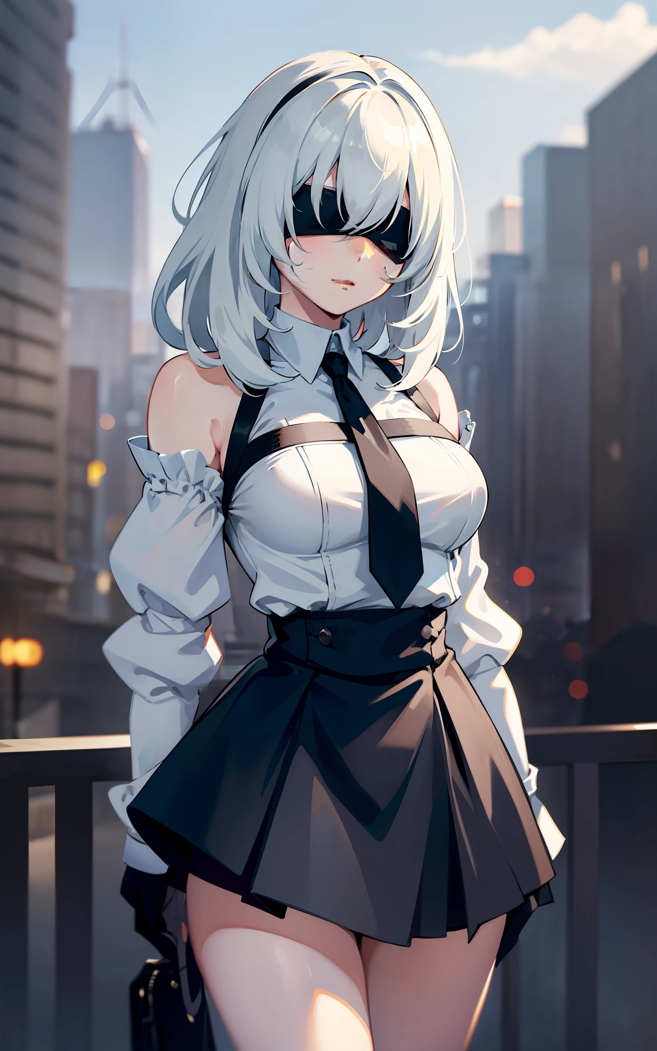 masterpiece, best quality, solo, (yorha no. 2 type b:1.14), (covered eyes:1.05), (portrait:1.1), (upper body:1.1), medium breasts, expressionless, 1girl, solo, (ruffling hair, messy hair:1.1), medium hair, white hair, city background, best quality, ultra detailed, 1girl, solo, standing, hair on shoulders, blunt bangs does not look at the viewer, blindfolded, white shirt, tie, long black skirt, black gloves, beautiful skin, beautiful lighting, high quality, perfectionism