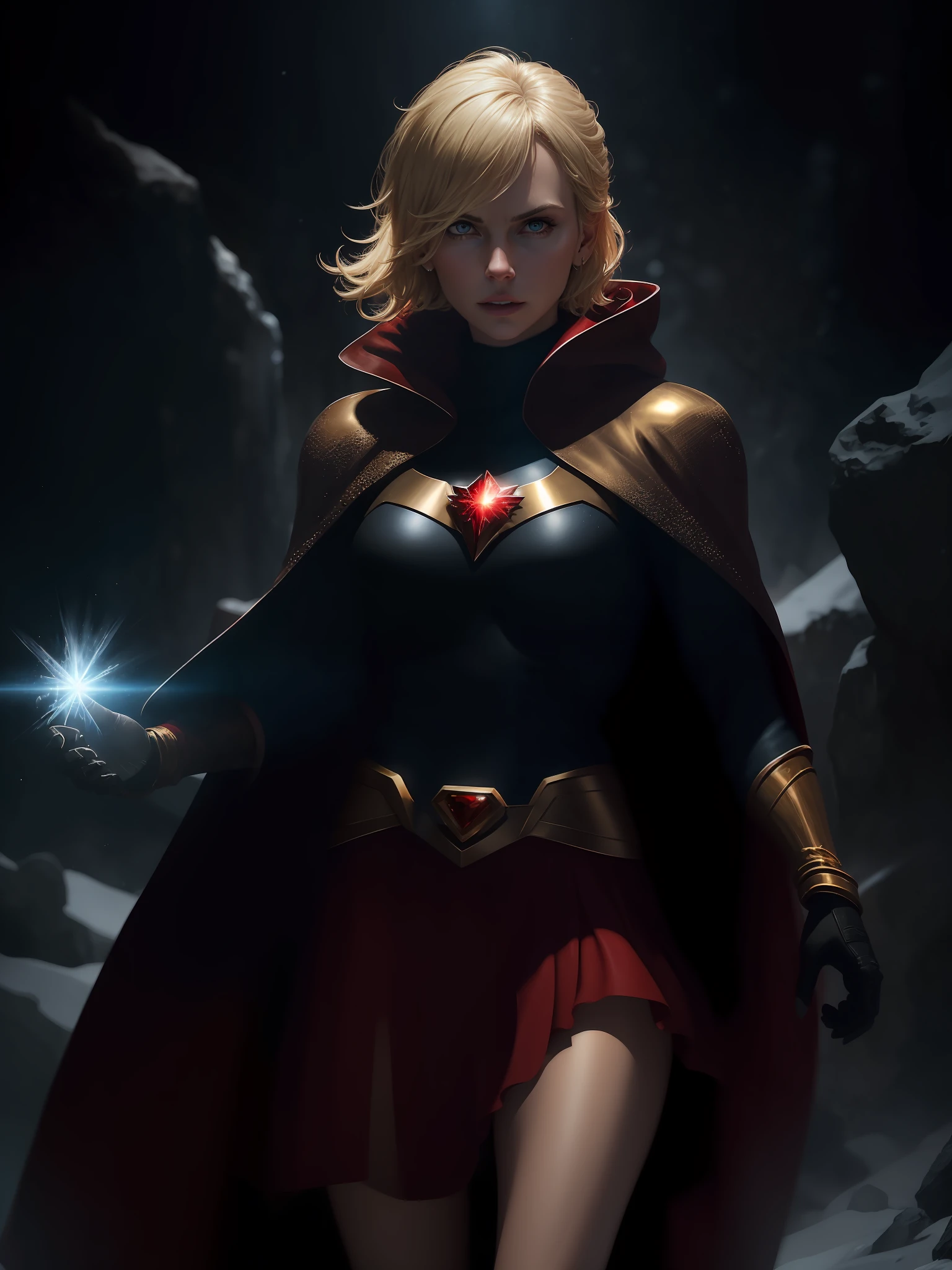 Movie scene, dark, mid-length close-up [Charlize Theron], blonde hair, short hair, hair, bangs, movie scene, cold, ice, big ice crystals, cowboy shot, action, strong, beautiful, super girl DC comics, skirt, red and gold cloak, energy, action, impactful