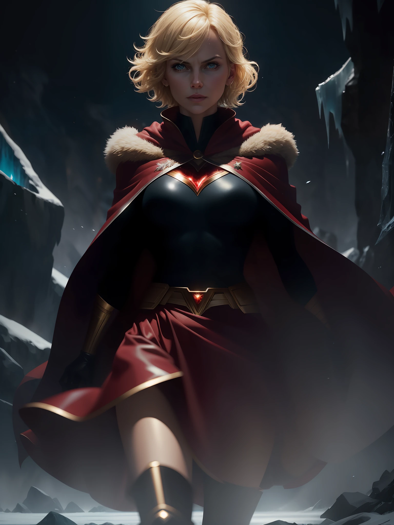 Movie scene, dark, mid-length close-up [Charlize Theron], blonde hair, short hair, hair, bangs, movie scene, cold, ice, big ice crystals, cowboy shot, action, strong, beautiful, super girl DC comics, skirt, red and gold cloak, energy, action, impactful