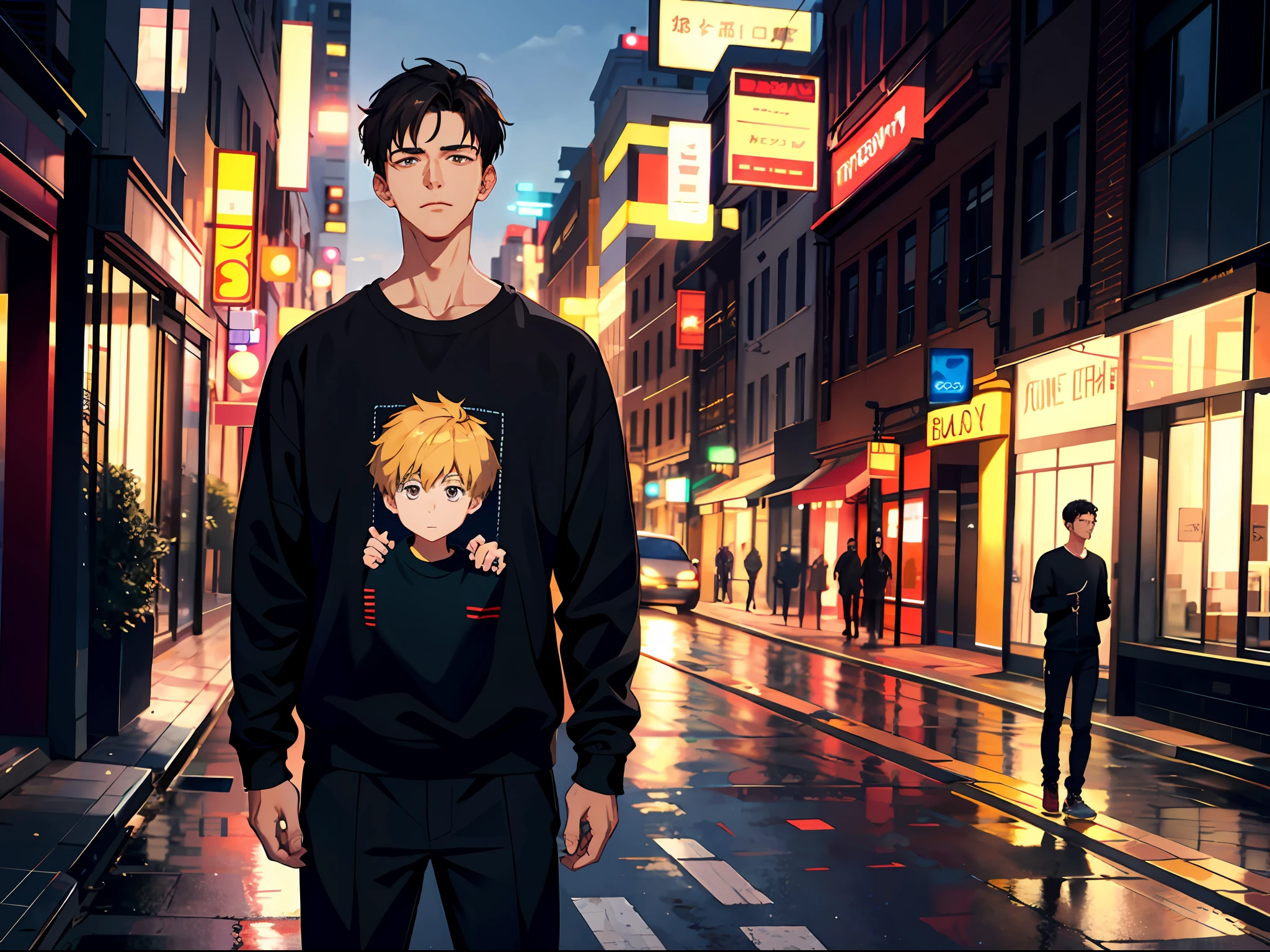HD clear, best image, illustration quality, super detailed, a handsome young man, wearing a black casual sweatshirt, standing on the street, looking forward with helpless face