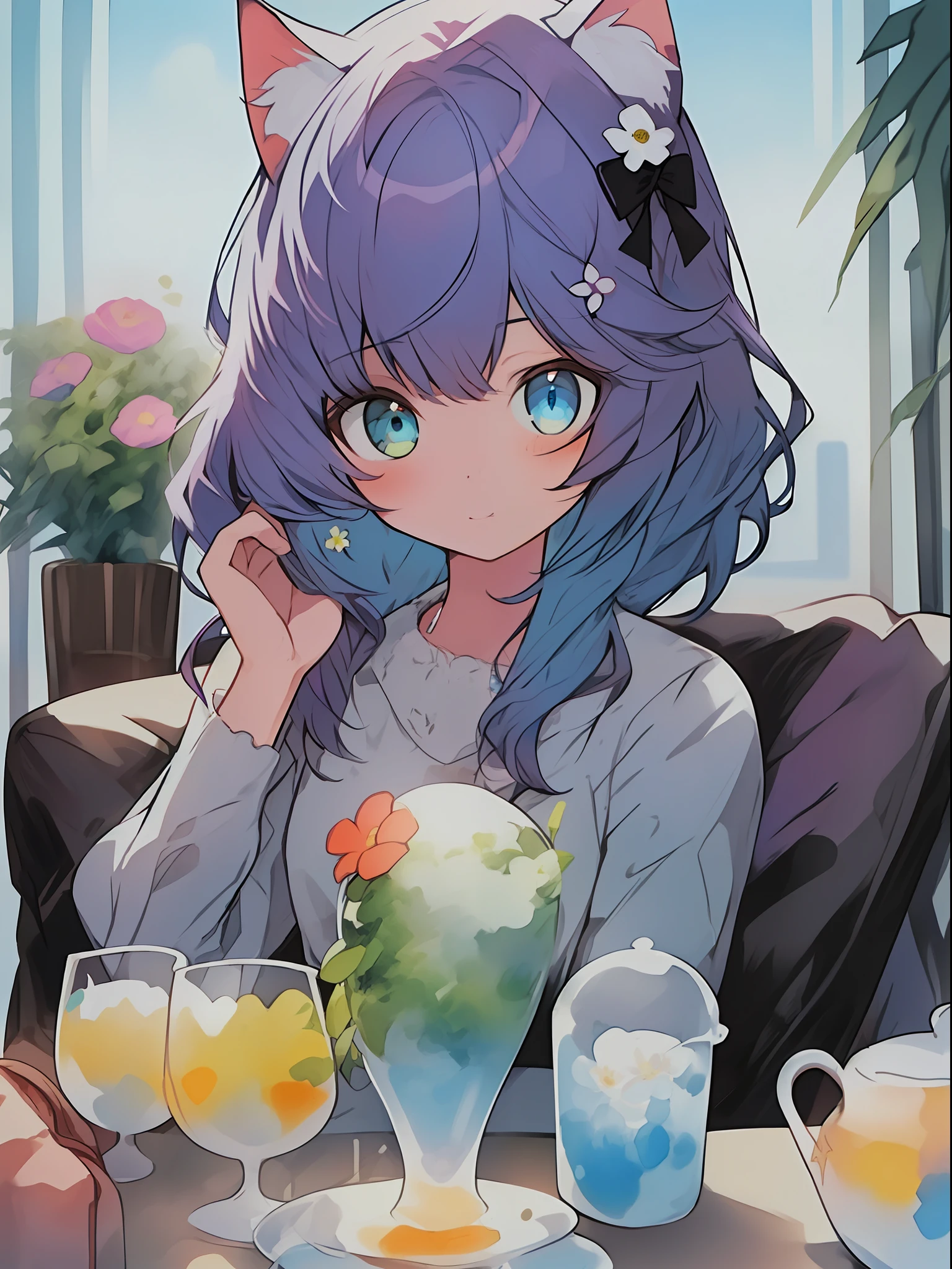 Woman Avril sitting on the sofa, Anime style, long shot, Maine, Norwegian Forest Cat, Cyberian, Ragdoll, Ragamuffin, Savannah Cat, British Shorthair, (( Highly detailed cat depiction, big cat, beautiful cat, hair color: jar violet and half color and flower green-blue and blue gradient color, web color specified, WEB color # A484A3 and # 843779 color purple hair color)))), blue backlight illuminating jar violet hair, cartoon-style illustrations with a children's theme featuring characters, warm color scheme, soft, high-quality images, details, accurate depiction, illuminated with originality that attracts the attention of the audience, depiction of women, highly detailed hairstyle, depiction of highly detailed hair, Depiction of highly detailed eyes, big blue eyes, drooping eyes, bright expression, height 165cm, scale 1/20, highly detailed facial details, unique character design, not an ugly face, five fingers, symmetrical, marble-like skin color, not an ugly body, two arms, two legs, Caucasian, watercolor ink Original drawing, story movie, movie, manga illustration, cute, adorable, Eyes with eyelashes