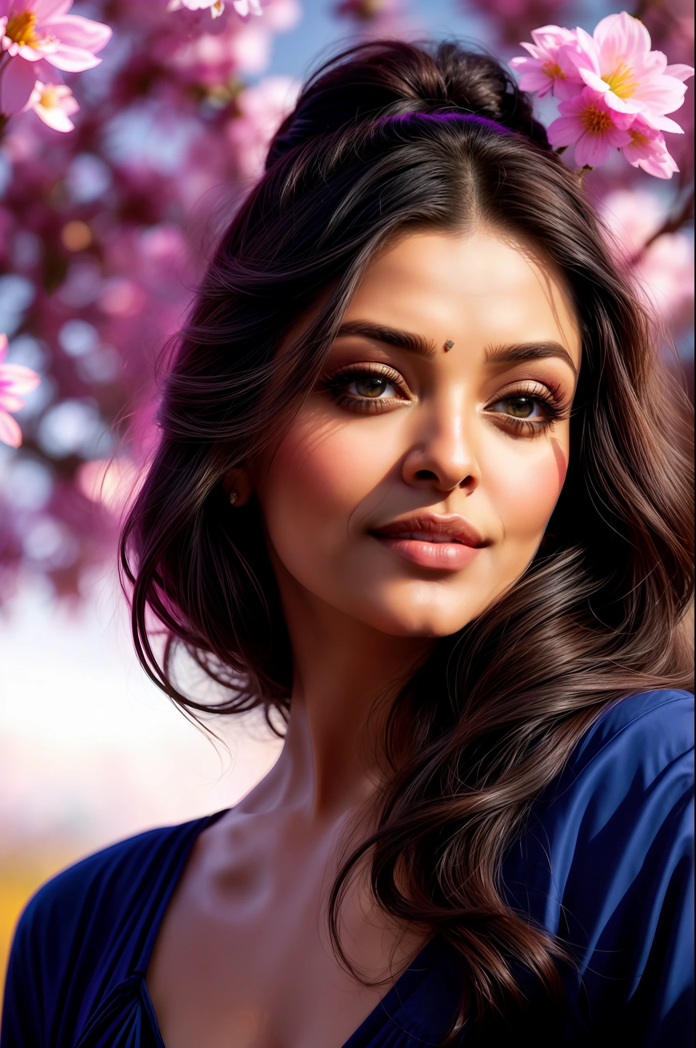 daytime scene, field of flowers, close-up photo of a sexy aishwarya rai, posing, looking at a camera and smiling, black ponytail hair, (blue eyes:0.8), warm mature face, 38 yo, soft volumetric lights, (backlit:1.3), (cinematic:1.3), intricate details, (ArtStation:1.2), Neon Cinematic Color Pop
