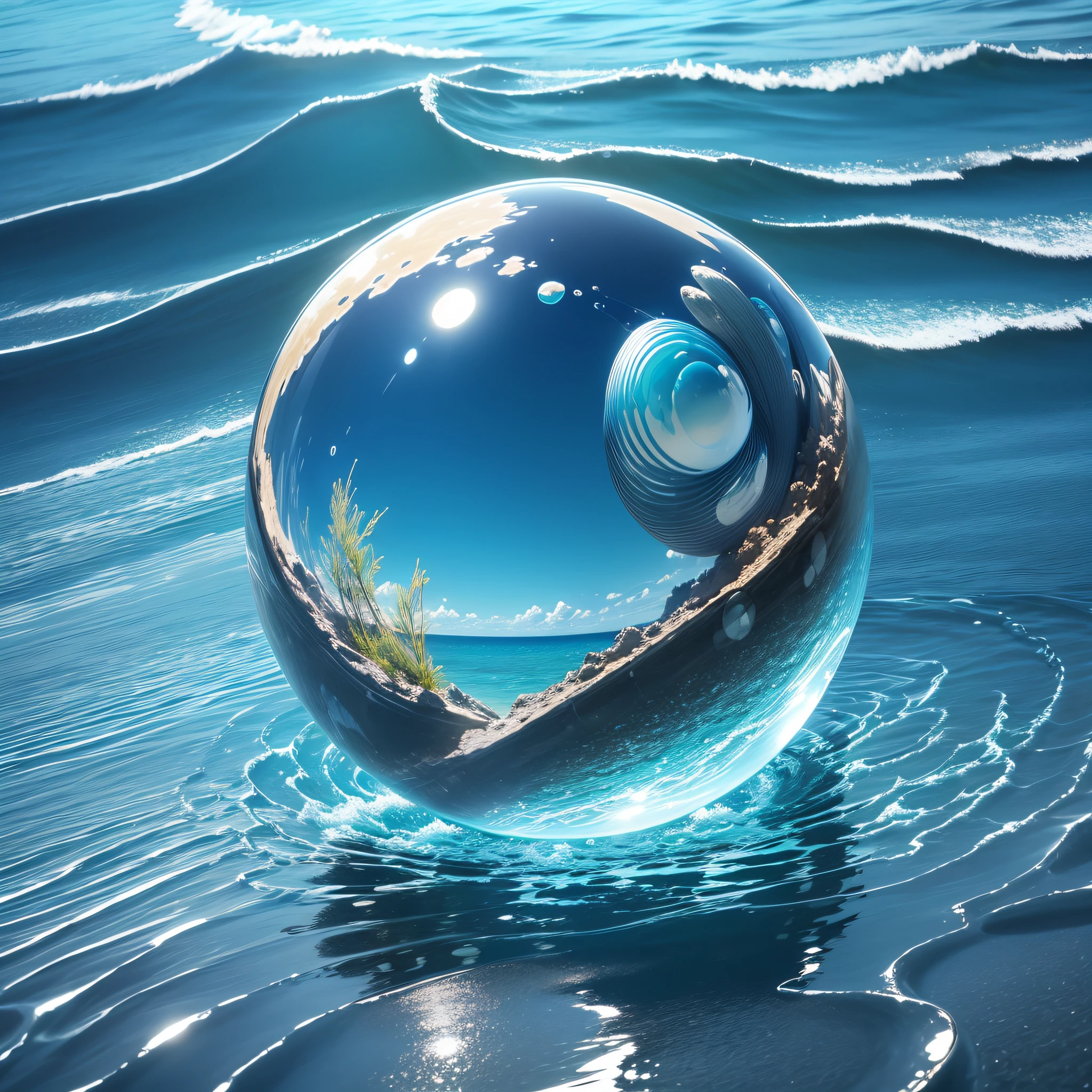 (a masterpiece), better quality, ocean background, crystal clear waters, 3D transparent glass sphere, realistic reflections, high resolution, wide view, image filters, refined technique --auto --s2