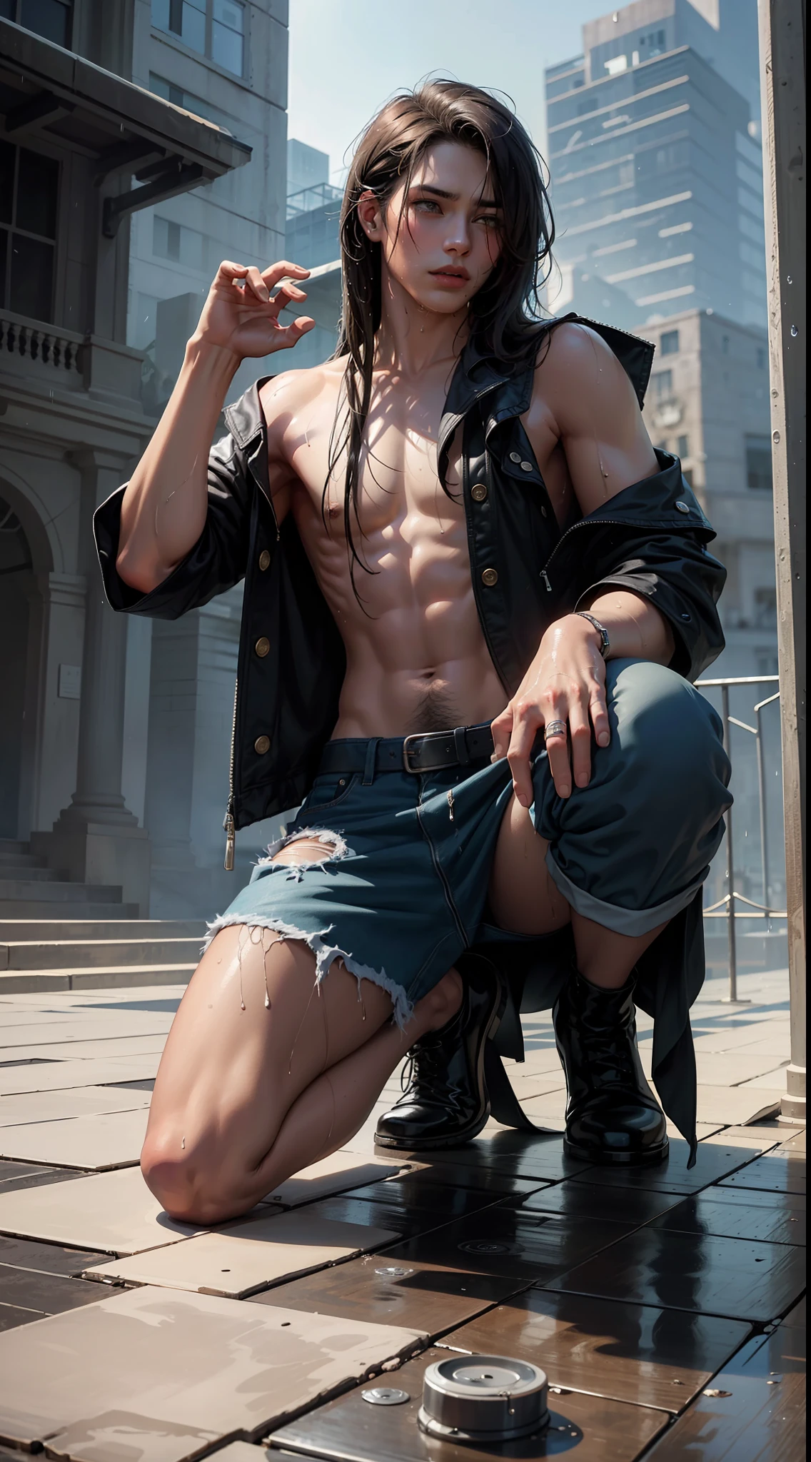 Best Quality, Masterpiece, Ultra High Resolution, (Fidelity: 1.4), Photos, 1 Handsome Long Hair (((Boy)))), Dim, Darkness, Lightning, Despair, Pathese, Movie, Tears, Teardrops, ((Men)), (Torn Clothes: 1.5), (Wet Clothes: 1.4), Kneeling on the Ground, Saving Yourself, Biting Lower Lip, Bare Shoulders, Real Rain, Wet Hair, (((Men)))